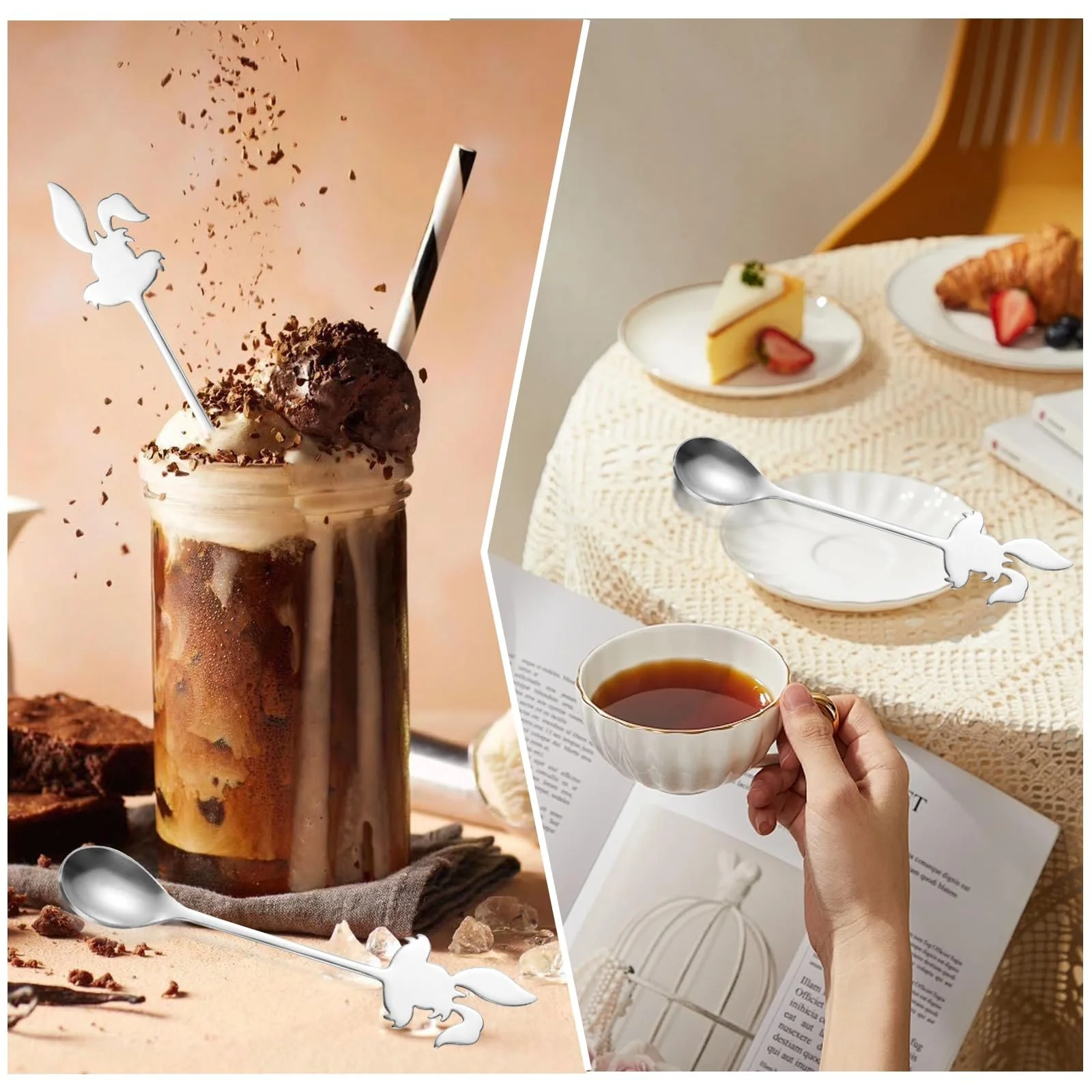 Ложка десертная Мультяшная Милая, Ложка для мороженого, Ложка для эспрессо, Подходит для домашнего использования, Отелей, Свадеб, Вечеринок (Серебряная) (Ложка Кролик), фото №7