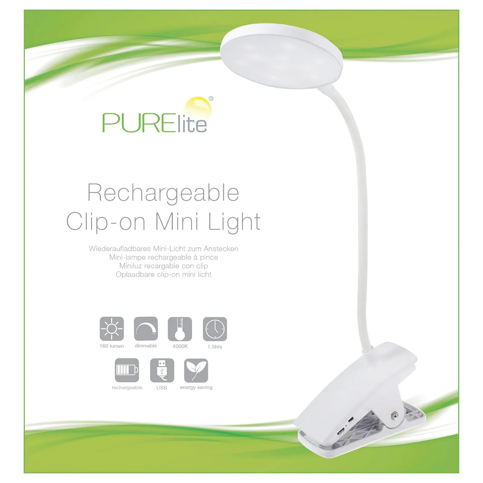 Настільна світлодіодна лампа-прищіпка PURElite акумуляторна гнучка регульована шийка білий, фото №2