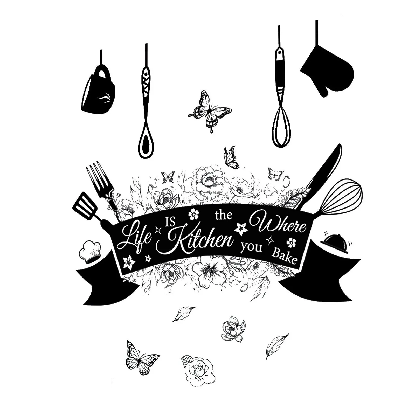 Наклейка на стіну Кухонна Столові прибори Метелики Квіти Чорний, M1, фото №1