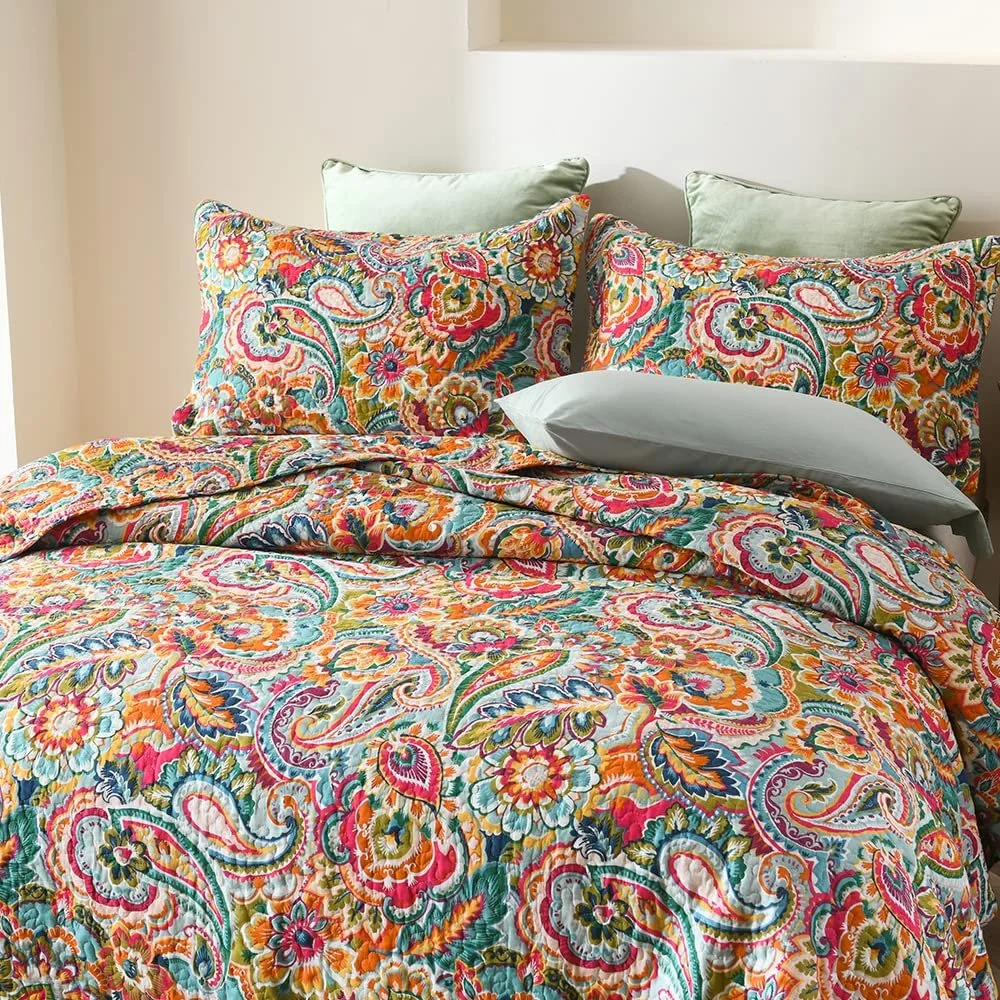 Покрывало VISIMISI Хлопок Белый Цветы Пейсли 240 x 260 см, Накидка на кровать 250 x 270 см, С 2 Наволочками, Двустороннее, Всесезонное для Двуспальной кровати, фото №5