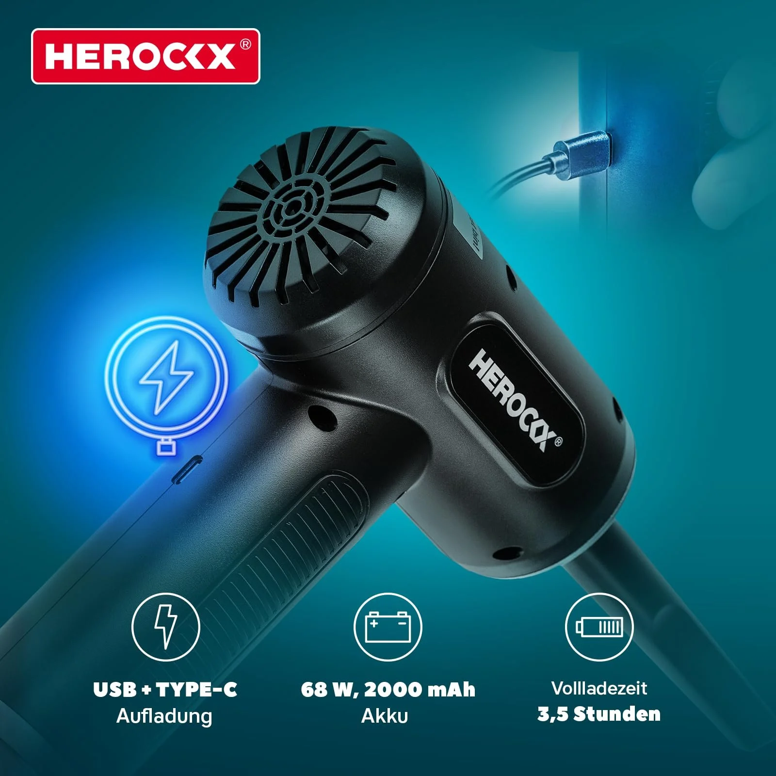 Електрична повітродувка HEROCKX 3 швидкості 2000 мАг LED USB-C, фото №6