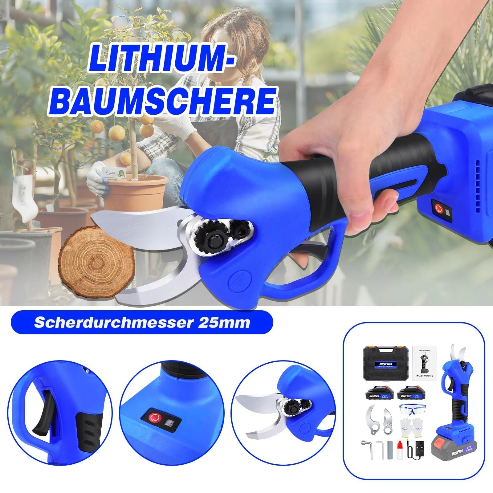 Електричні секатори 21 V, максимальний діаметр гілок 25 мм, з 1 акумулятором 1,5 Ah, фото №3 Електричні секатори 21 V, максимальний діаметр гілок 25 мм, з 1 акумулятором 1,5 Ah, фото №3