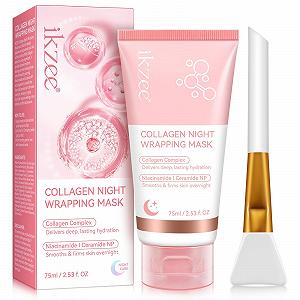 Ночная Маска Collagen, Ночная Маска для обертывания Collagen, Ночная маска для лица с коллагеном, Маска с коллагеном для лица Разглаживает и подтягивает кожу на ночь 75 мл, включает кисточку - Фото 1