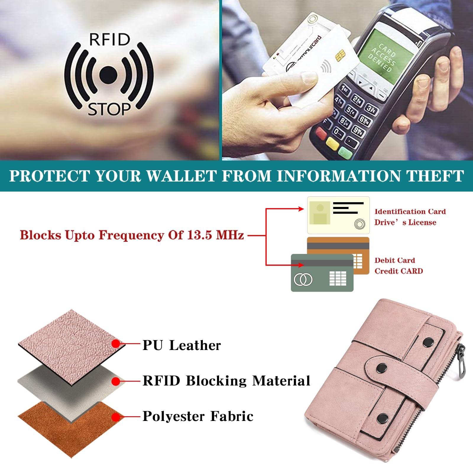 Женский кошелек FALAN MULE с RFID-защитой, маленький женский кошелек с окошком для ID, из PU кожи, 12 отделений для карт, светло-розовый, Classic, фото №7