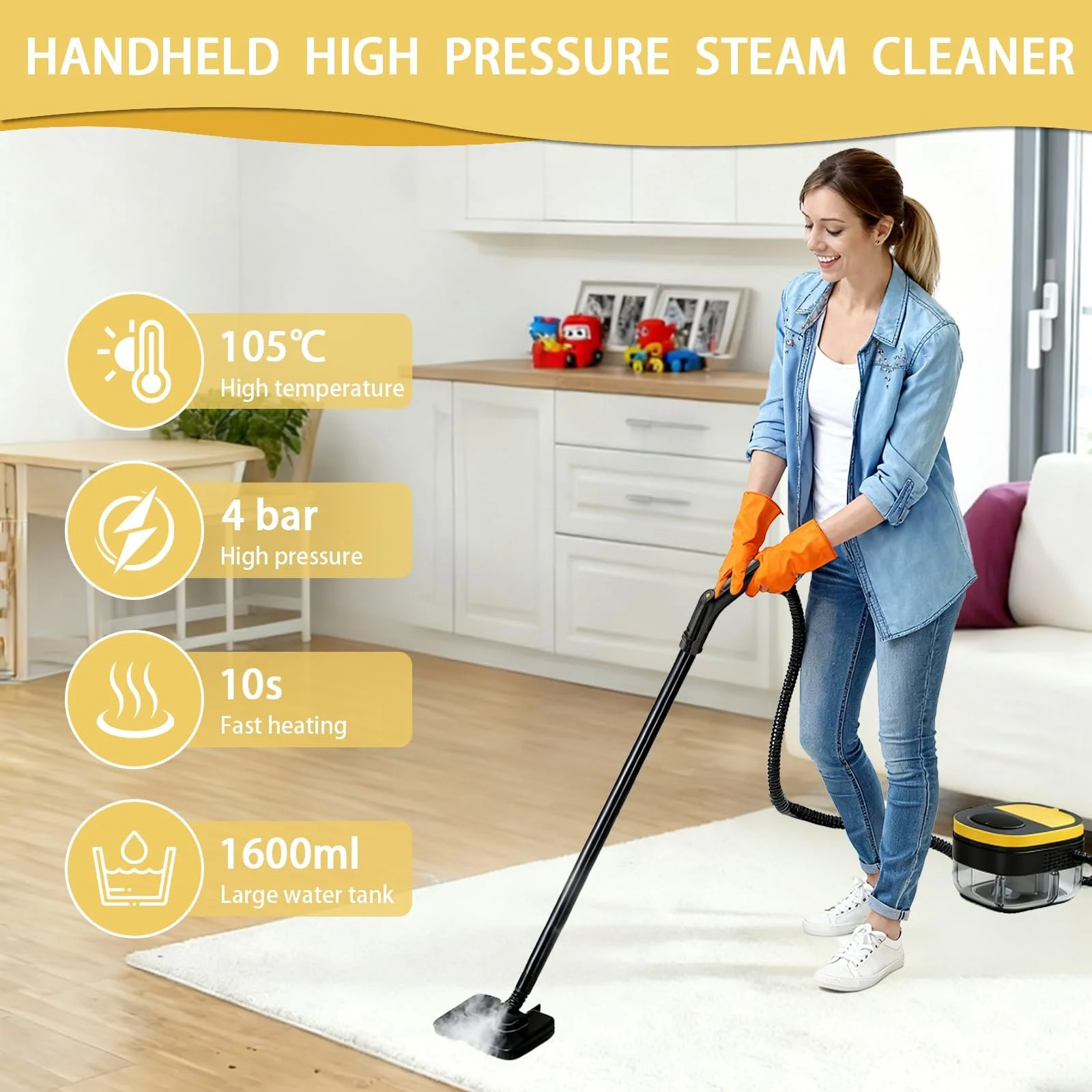 Пароочисник 2500 W ручний з 17 аксесуарами 1.6 L 4 bar Портативний, фото №2