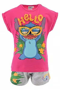 Комплект (футболка та шорти) Disney Stitch для дівчаток, м’який бавовняний, літній - Фото 1