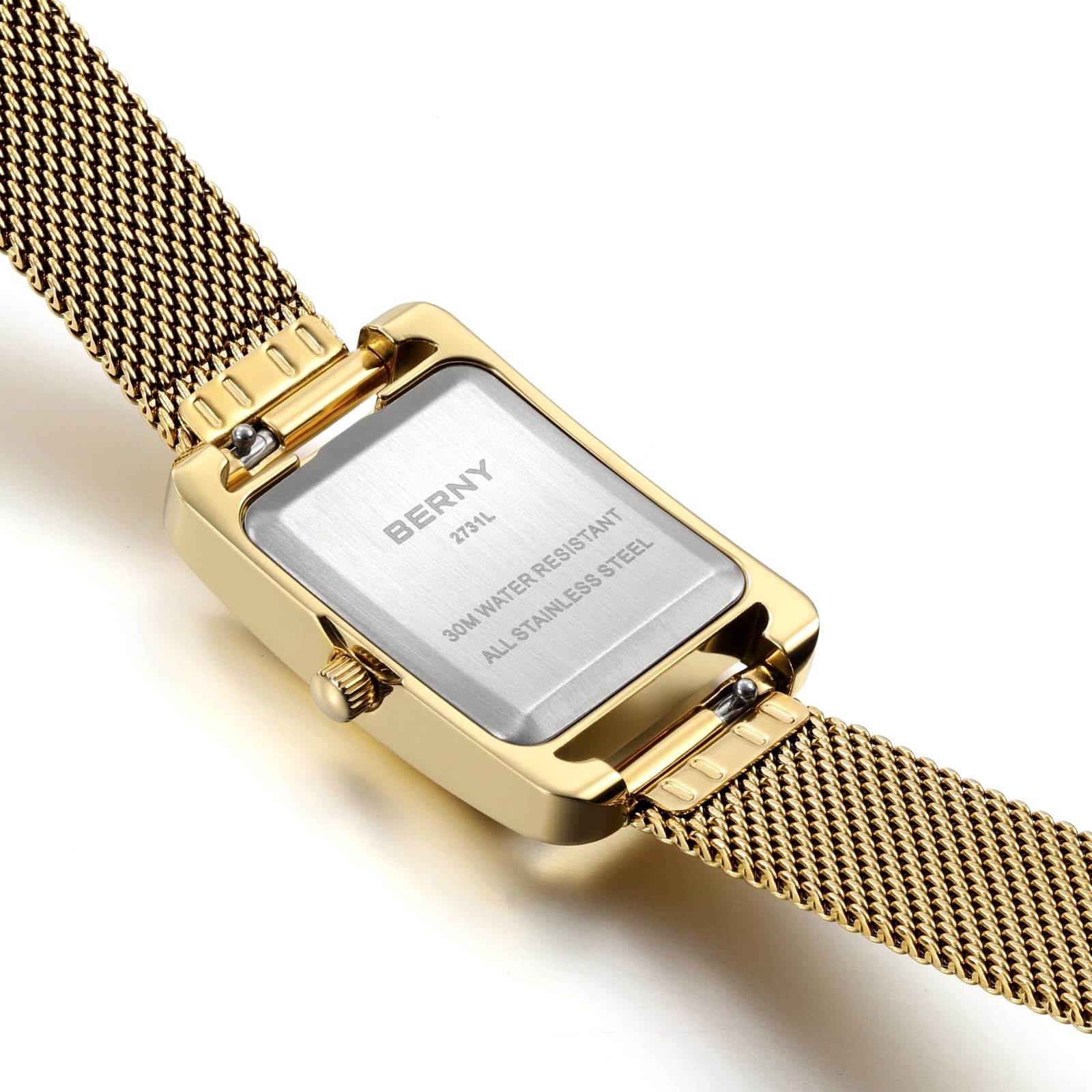 BERNY Прямоугольные Женские Классические Наручные Водонепроницаемые Кварцевые Часы с Римскими Цифрами и Сетчатым Ремешком, фото №4 BERNY Прямоугольные Женские Классические Наручные Водонепроницаемые Кварцевые Часы с Римскими Цифрами и Сетчатым Ремешком, фото №4