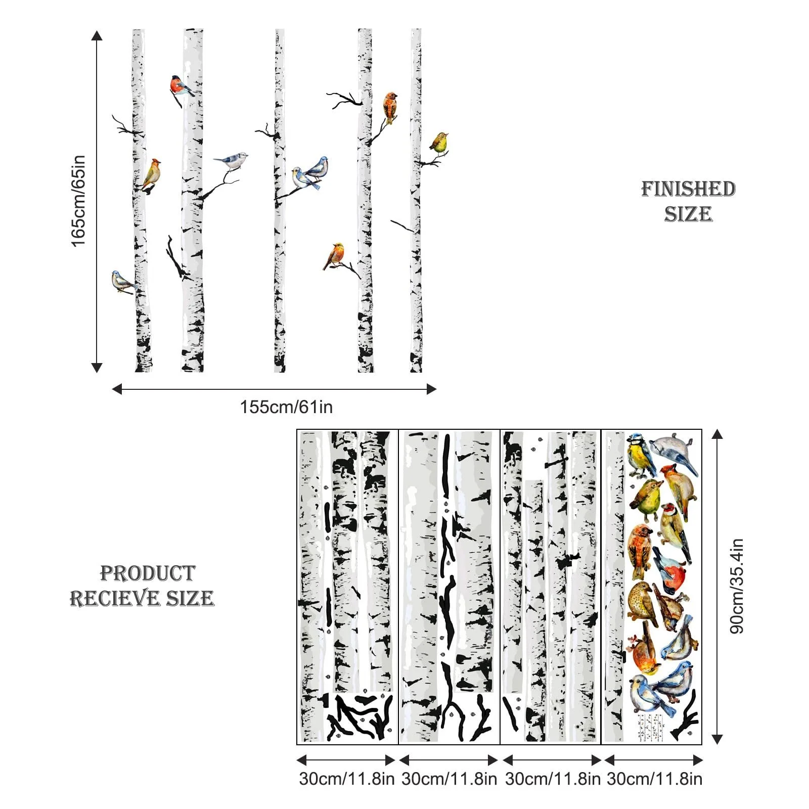 Наклейка на стіну Supzone XXL Береза 5 дерев Рослини Біла (В: 165 см) 4 аркуші, фото №6