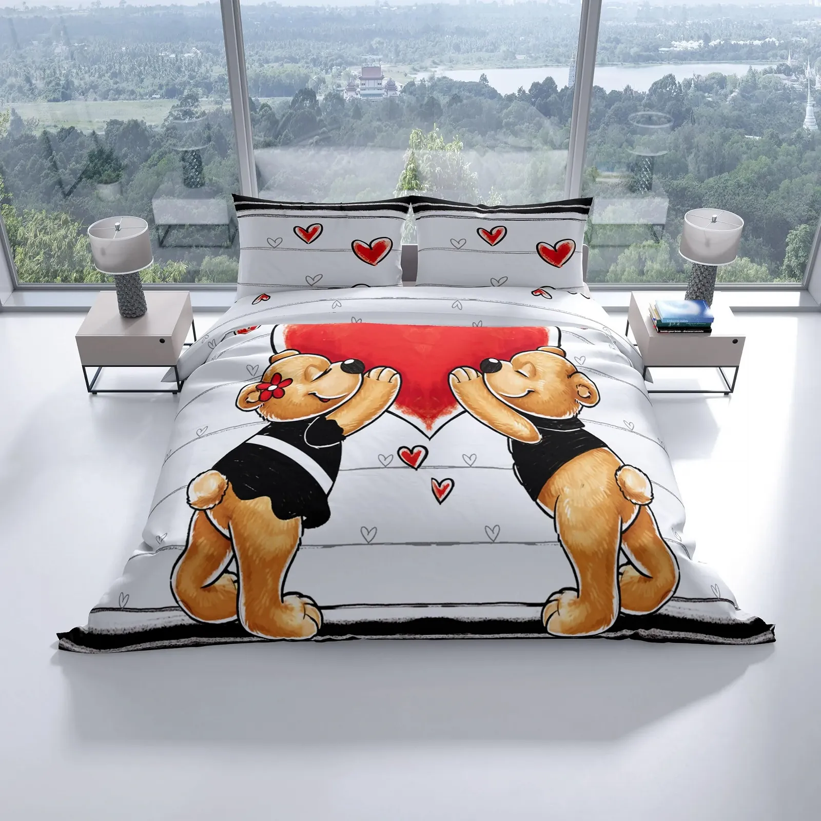 Комплект постільної білизни Leonado Vicenti 4 предмети з ведмедиками та сердечками 2 x 135 x 200 / 2 x 80 x 80 см Білий/Сірий, фото №2