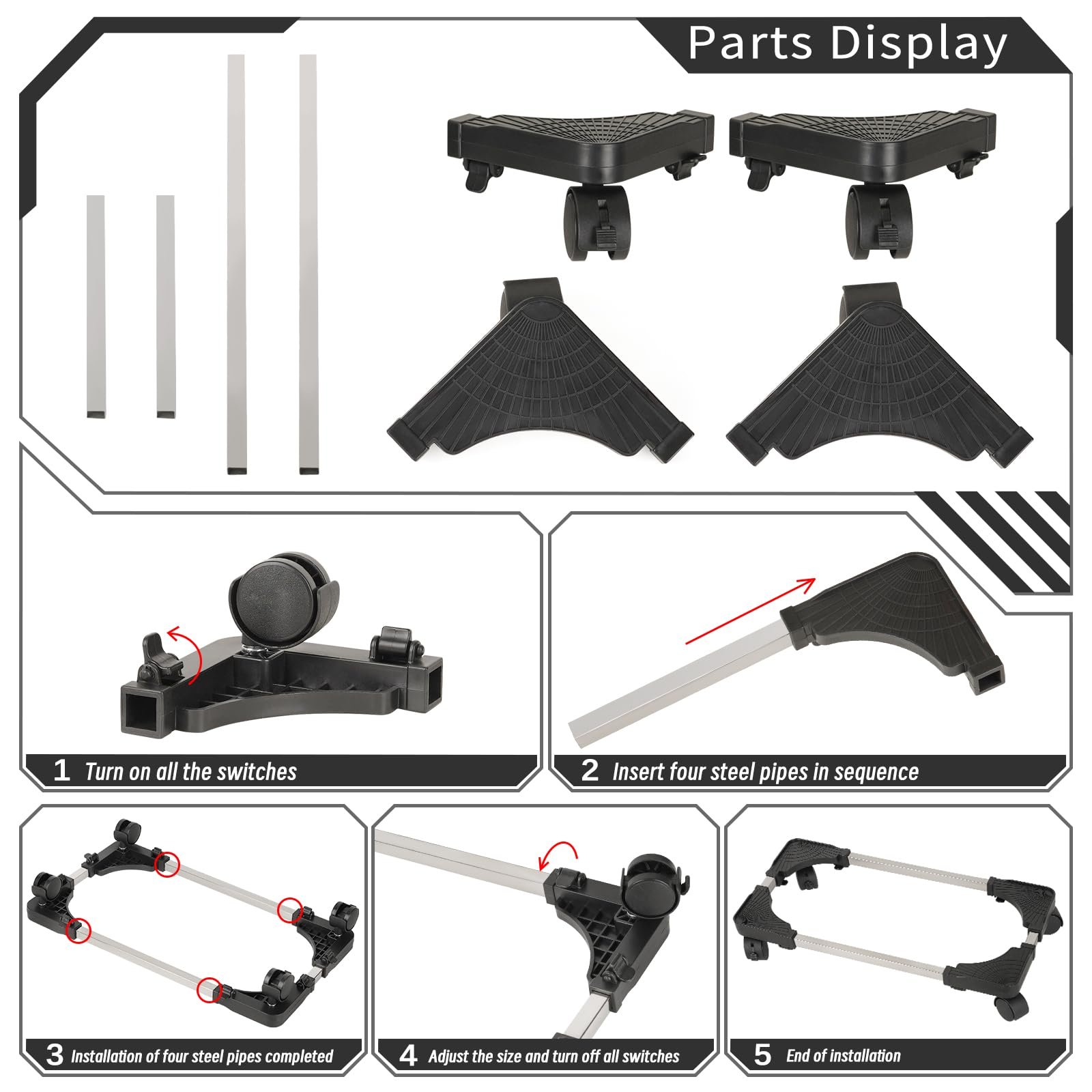 Підставка для системного блока Liitrton Mobile, регульована для комп'ютерного корпуса з 4 коліщатками, підходить для більшості ПК (чорний), фото №7