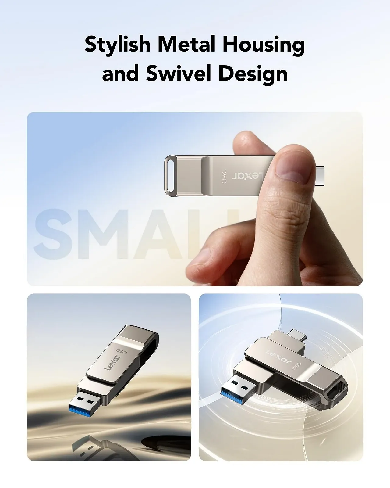 USB-флеш-накопичувач Lexar JumpDrive D40E 128GB USB 3.2 Gen 1 Type-C Dual Drive Металевий корпус Поворотний дизайн Silver Champagne, фото №6 USB-флеш-накопичувач Lexar JumpDrive D40E 128GB USB 3.2 Gen 1 Type-C Dual Drive Металевий корпус Поворотний дизайн Silver Champagne, фото №6