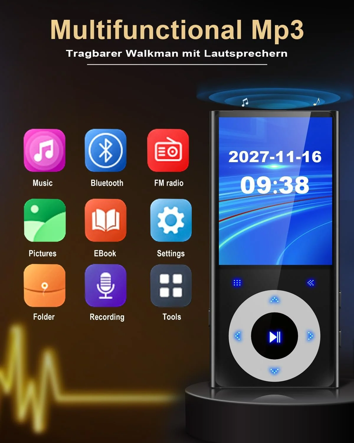 MP3-плеєр 64GB Bluetooth 5.3, 2.4 Дюйми Lossless Hi-Fi Sound, з Навушниками, Динаміком, Функцією Запису Голосу, FM-радіо, E-Book, підтримкою 128GB, для спорту та подорожей, фото №3