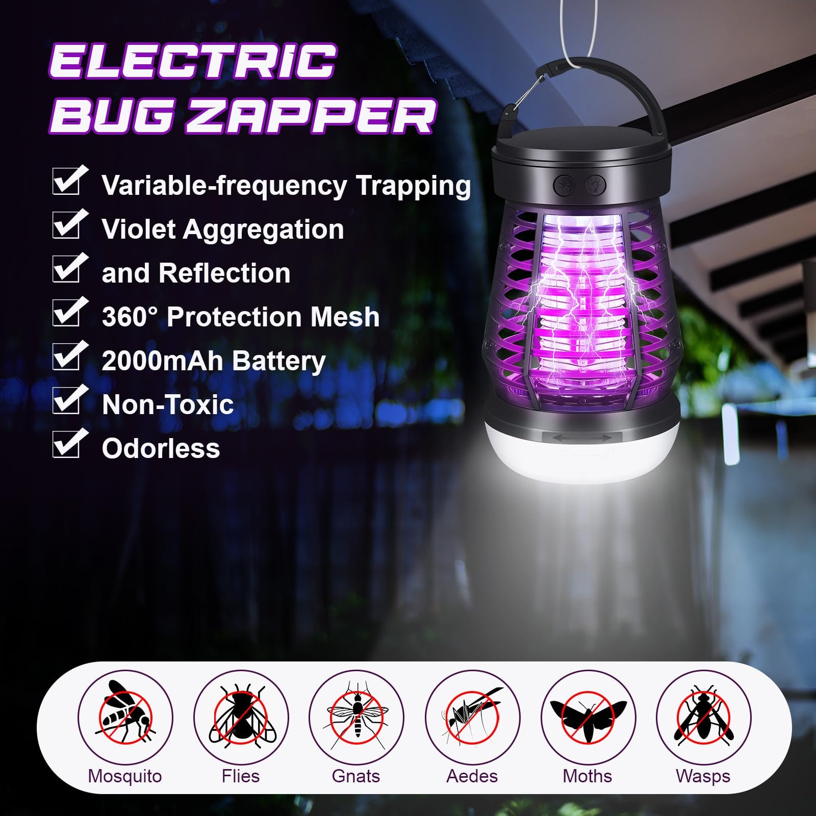 Електричний знищувач комах UV Mosquito Lamp Camping Light 2000 мАг Чорний, фото №2