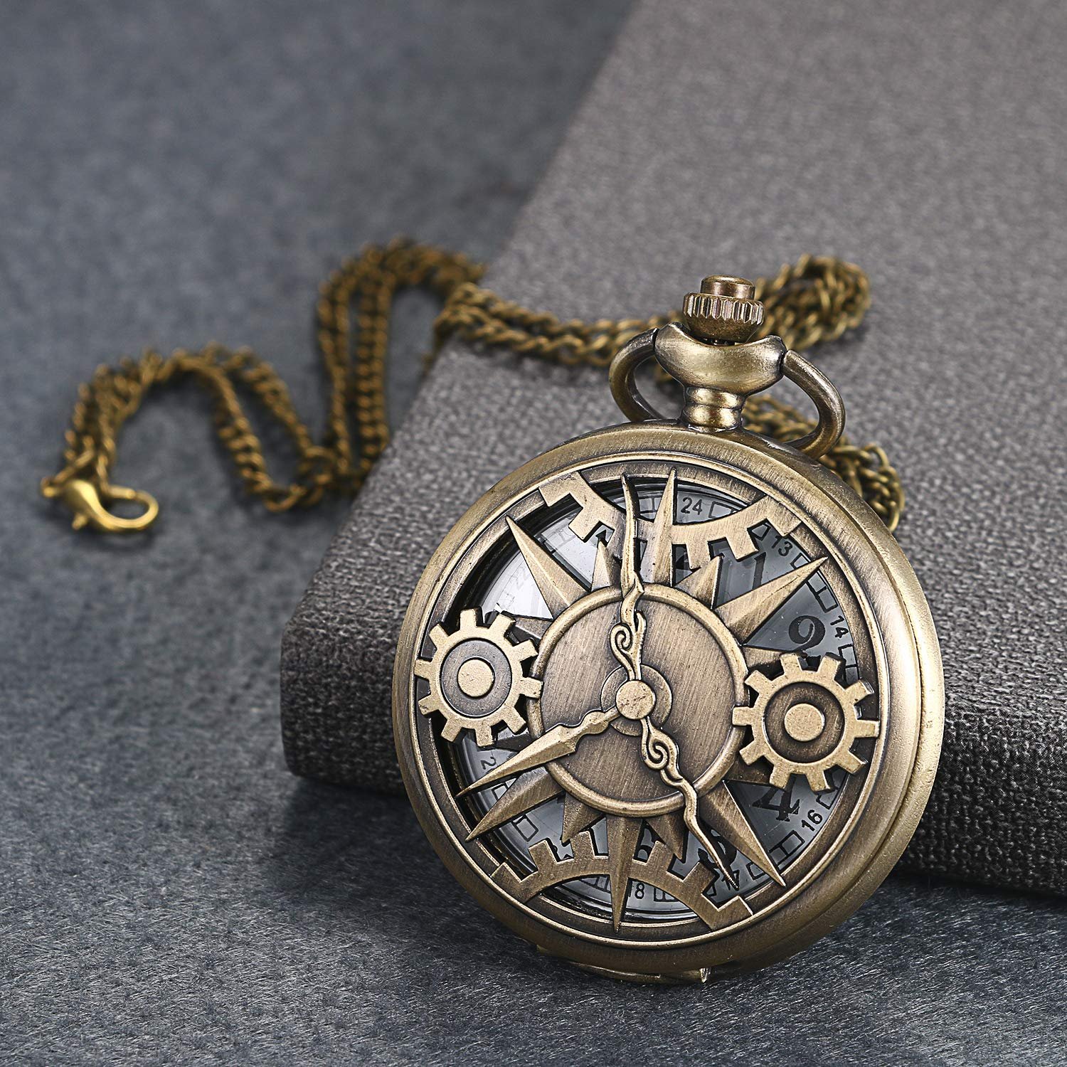 Карманные часы JewelryWe Мужские ретро Шестерёнки/Череп/Римские цифры/Карта мира знаков зодиака Цепочка Аналоговые кварцевые часы Кулон с цепочкой-ожерельем Бронзовый подарок для мужчин, фото №6