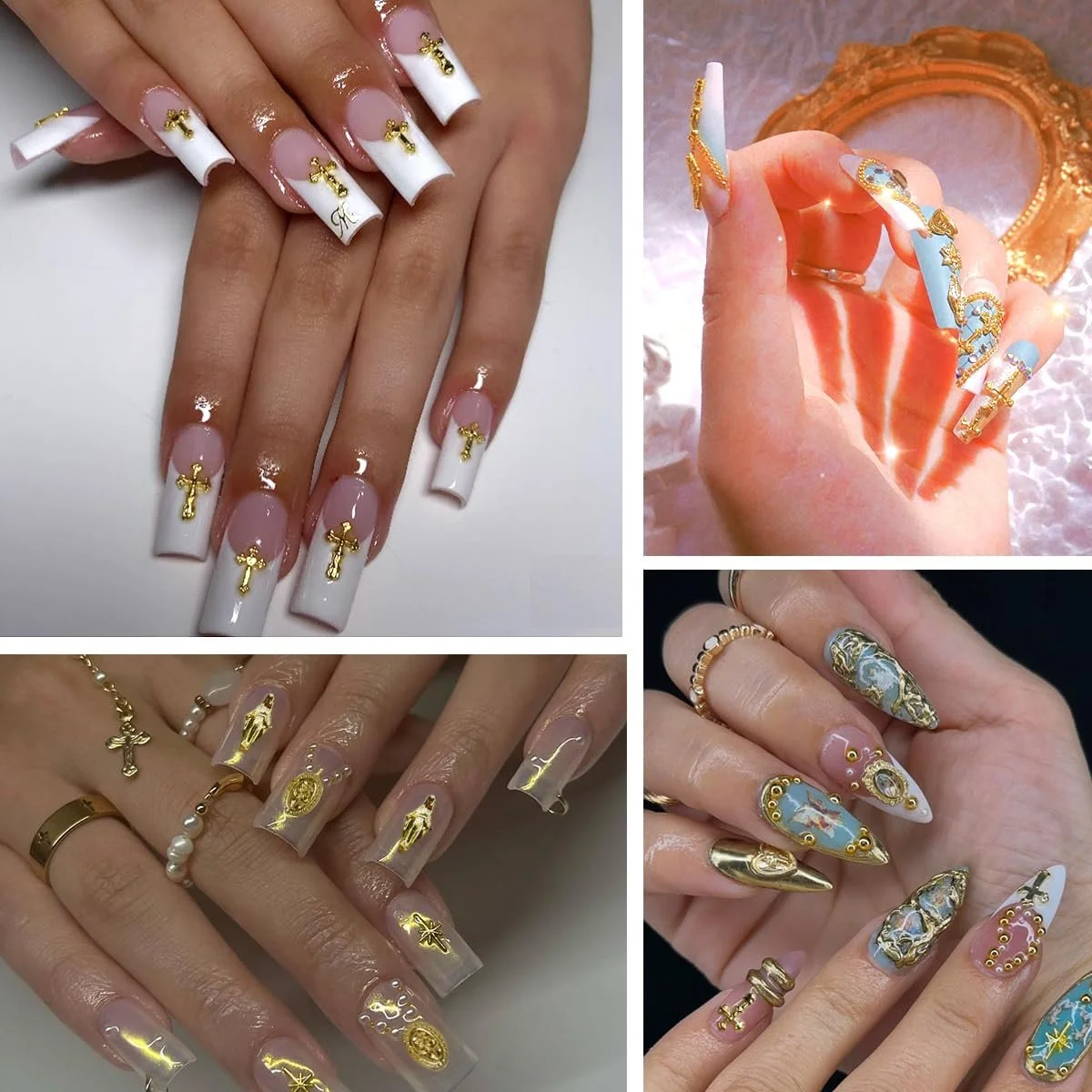 3D Украшения для ногтей 136 шт Металлические цепочки для ногтей Золотой Крест Сердце Винтажный сплав Заклепки для ногтей Кружево Панк Аксессуары Декоративные изделия DIY, фото №2