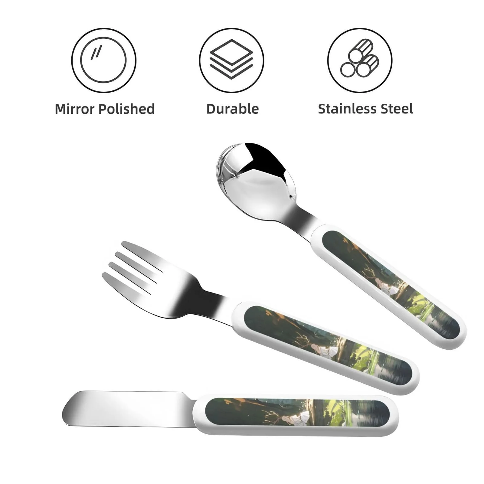 Набір дитячих столових приборів з трьох предметів The Girl by The River Bedrucktes, фото №2 Набір дитячих столових приборів з трьох предметів The Girl by The River Bedrucktes, фото №2