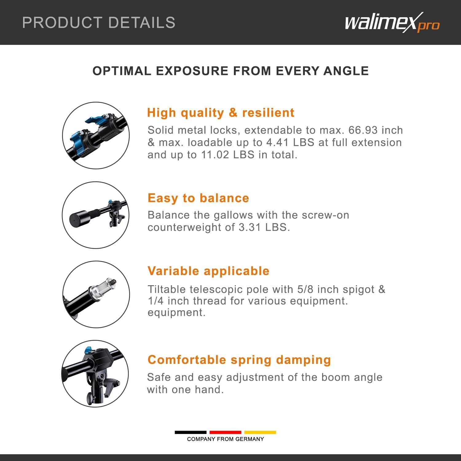 Штанга Walimex з противагою 100-170 см Чорна, фото №2