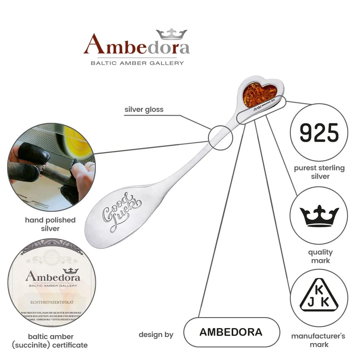 Ложка Сувенірна Good Luck Срібло 925 проби Серце з бурштину L Коньячний колір, фото №5