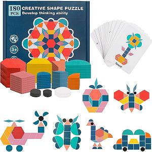 Дерев'яний пазл-танграм Геометричні фігури 180 елементів + 24 картки Montessori - Фото 1