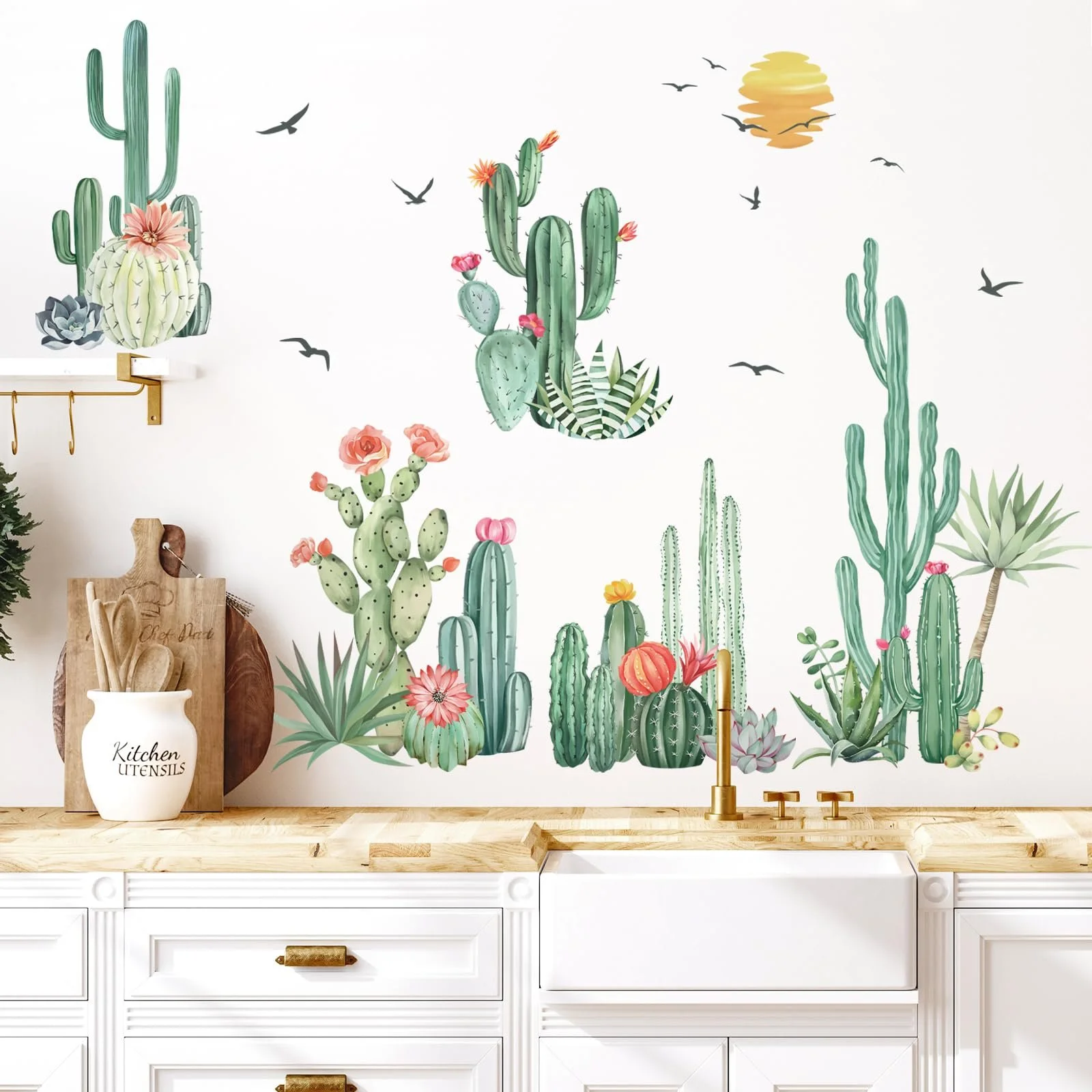 Наклейки на стіну Кактуси та пальми Тропічні рослини знімні водонепроникні Зелені, фото №1