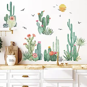 Наклейки на стіну Кактуси та пальми Тропічні рослини знімні водонепроникні Зелені - Фото 1