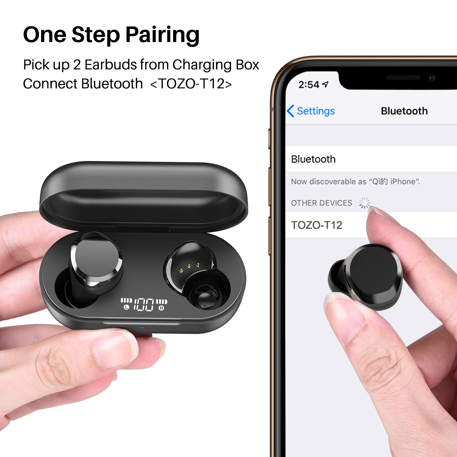 Наушники Tozo T12 Беспроводные Bluetooth с сенсорным управлением и беспроводным зарядным чехлом, цифровой LED-дисплей, IPX8, встроенный микрофон, глубокие басы для спорта, фото №2