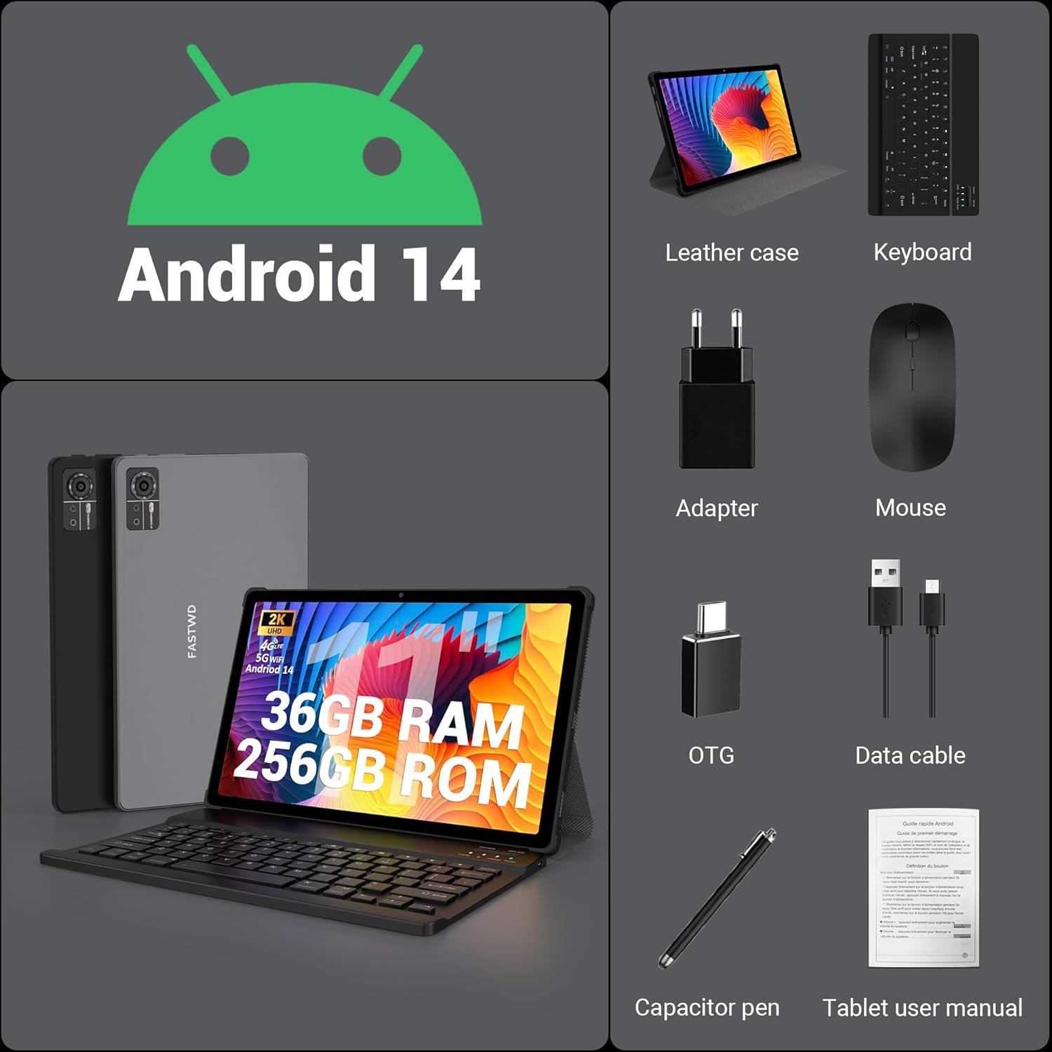 Планшет 11" 2K FASTWD T181 12+24/256Gb 4G 2-SIM 8 ядер Android 14 9580 mAh Черный, фото №7