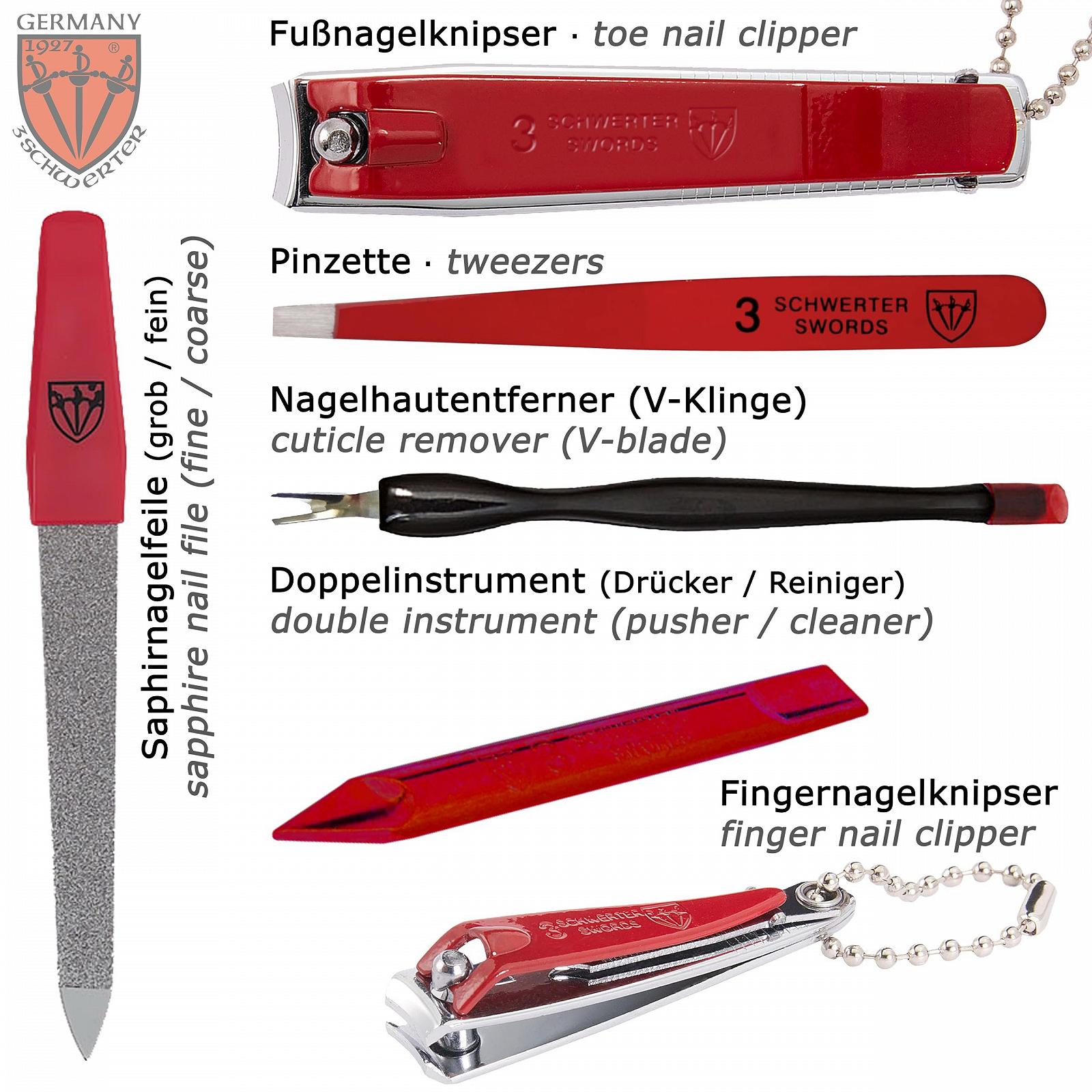 Набір для манікюру та педикюру DREI SCHWERTER Cuneo, 8 предметів, сталеві інструменти, червоний чохол зі штучної шкіри, фото №3 Набір для манікюру та педикюру DREI SCHWERTER Cuneo, 8 предметів, сталеві інструменти, червоний чохол зі штучної шкіри, фото №3