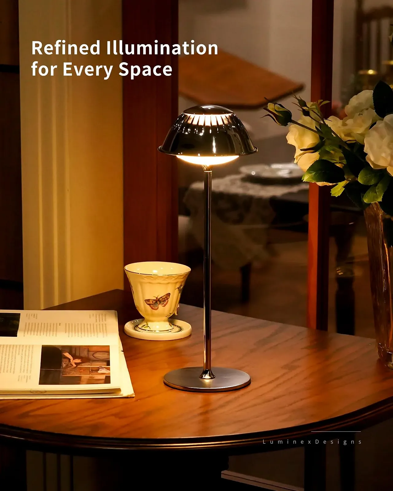 Настільна лампа LED бездротова сенсорна регульована яскравість водонепроникна акумуляторна Сріблястий хром, фото №4