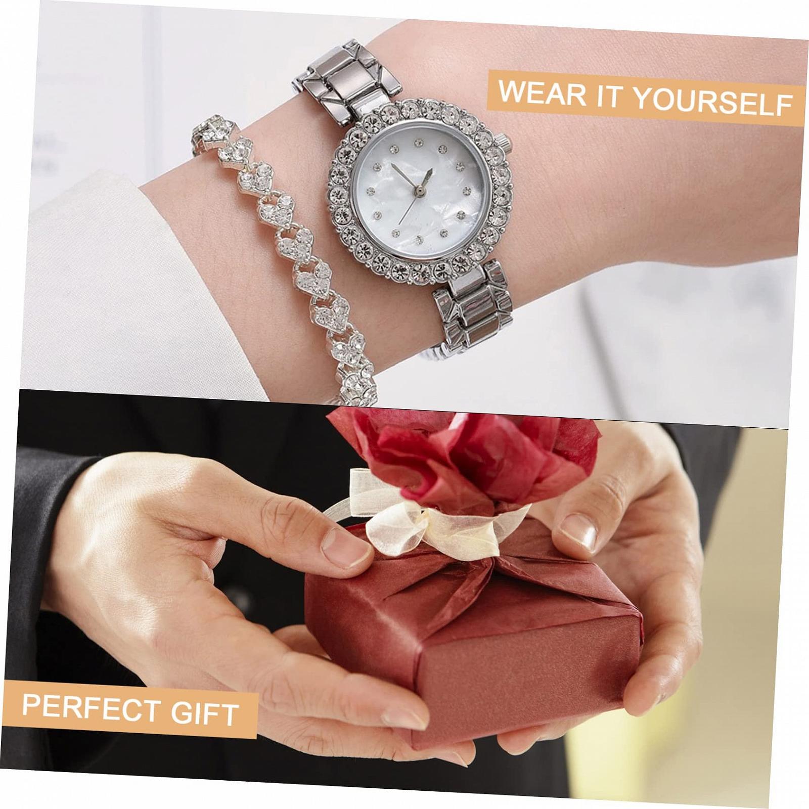 Набор Часы для женщин Healvian с браслетом Элегантный подарочный набор для свадьбы Стильный дизайн с нежным бриллиантовым мотивом, серебряный, фото №7