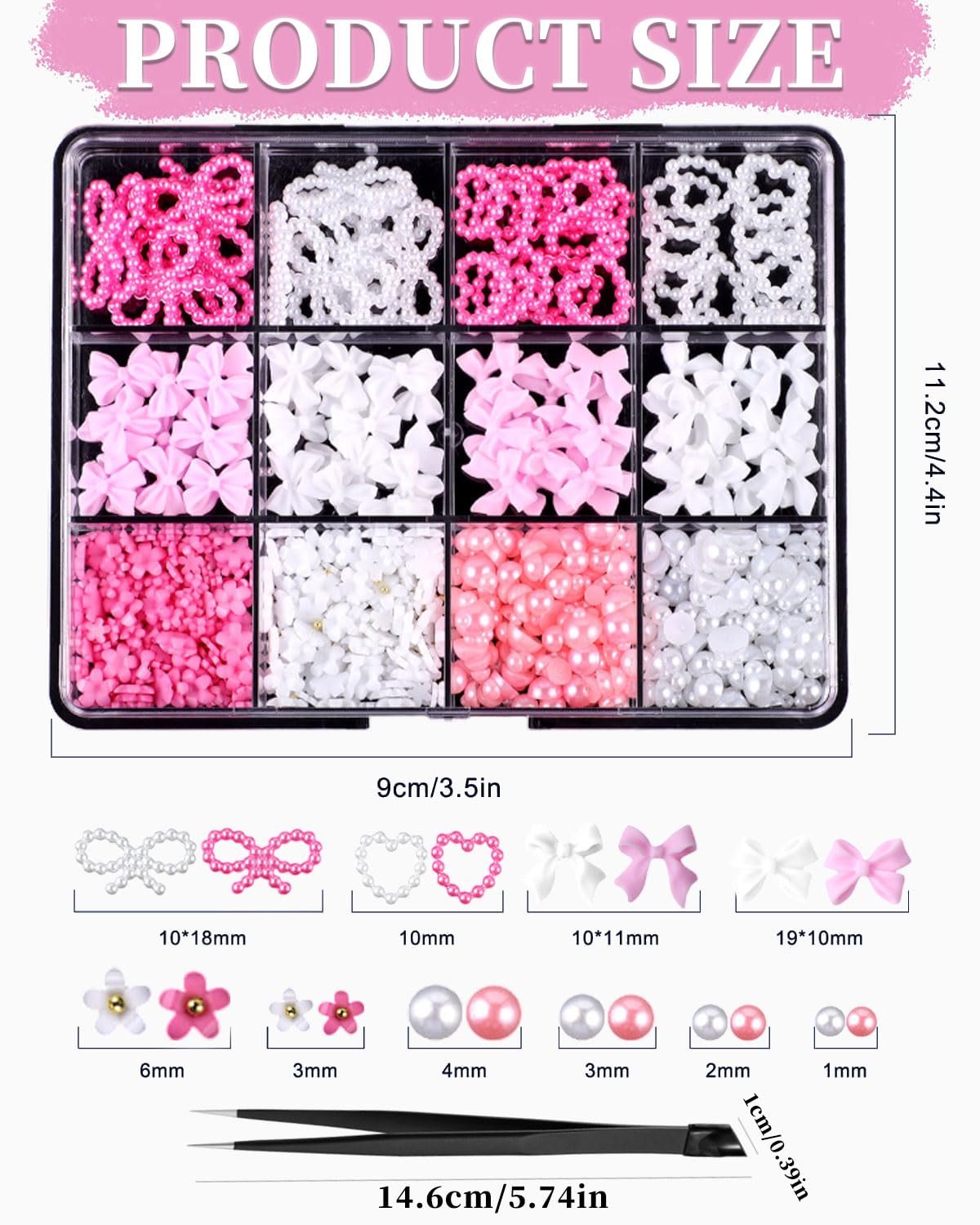 Набор 3D украшений для ногтей, 1000 шт, 9 цветов: бантики, цветочки, звездочки, сердечки, заклепки, стразы для маникюра, жемчуг искусственный, фото №2