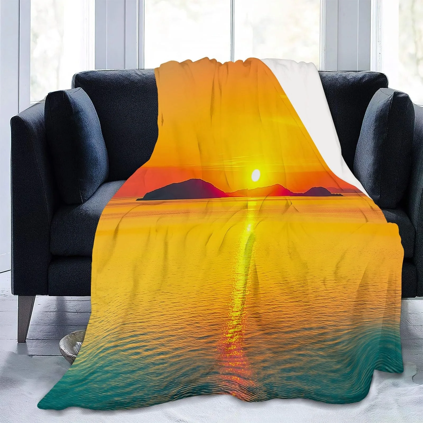 Одеяло Halloween Флисовое Оранжевый Цвет С принтом Закат Побережье Острова 200 x 220 см, фото №5