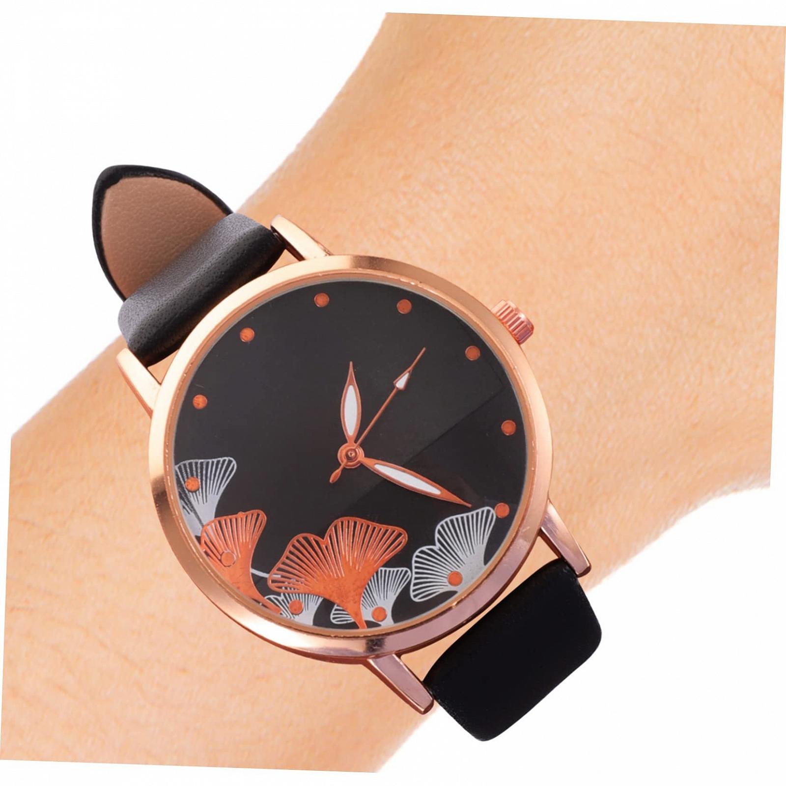 Женские часы PartyKindom с романтическим цветочным узором, черный кожаный ремешок, кварцевый механизм, стильный легкий дизайн для повседневных и особых случаев, аналоговые часы, фото №6 Женские часы PartyKindom с романтическим цветочным узором, черный кожаный ремешок, кварцевый механизм, стильный легкий дизайн для повседневных и особых случаев, аналоговые часы, фото №6