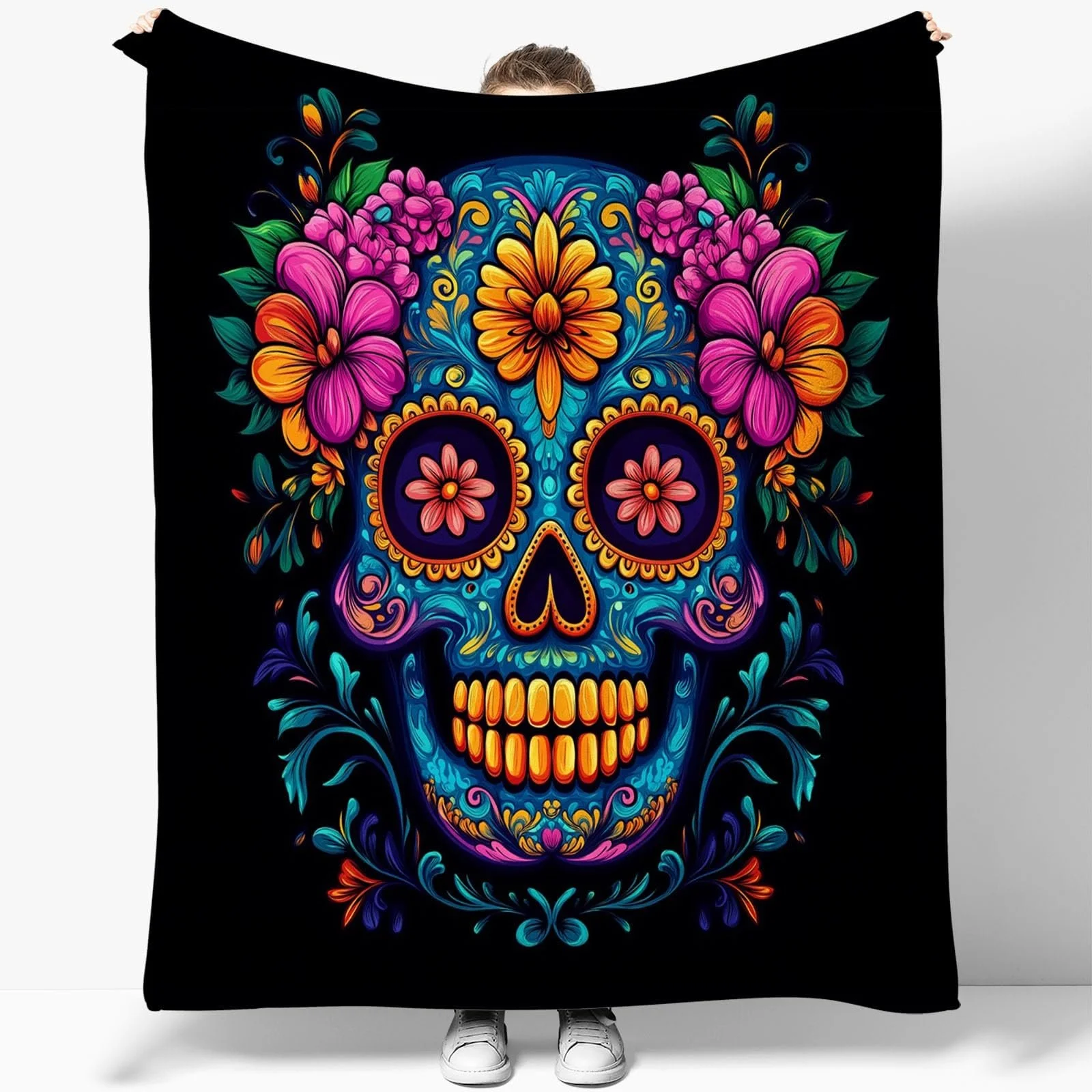 Одеяло Флисовое Простое Цветочное Череп Плотное и Теплое Фланелевое Одеяло Мягкое Пушистое Плюшевое для Всех Сезонов Сине-Оранжевое, 180 x 220 см, фото №1