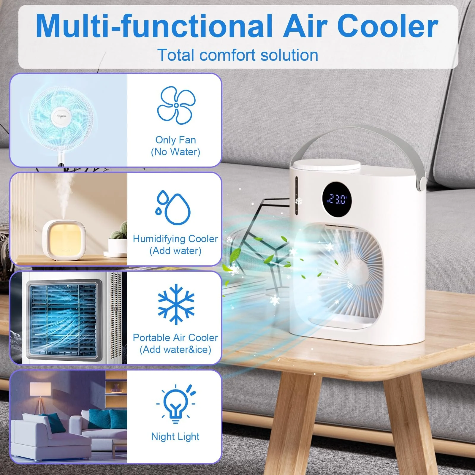 Мобільний кондиціонер GuKKK 4-в-1 900 мл 3 швидкості 7 кольорів таймер USB 9 Вт, фото №4