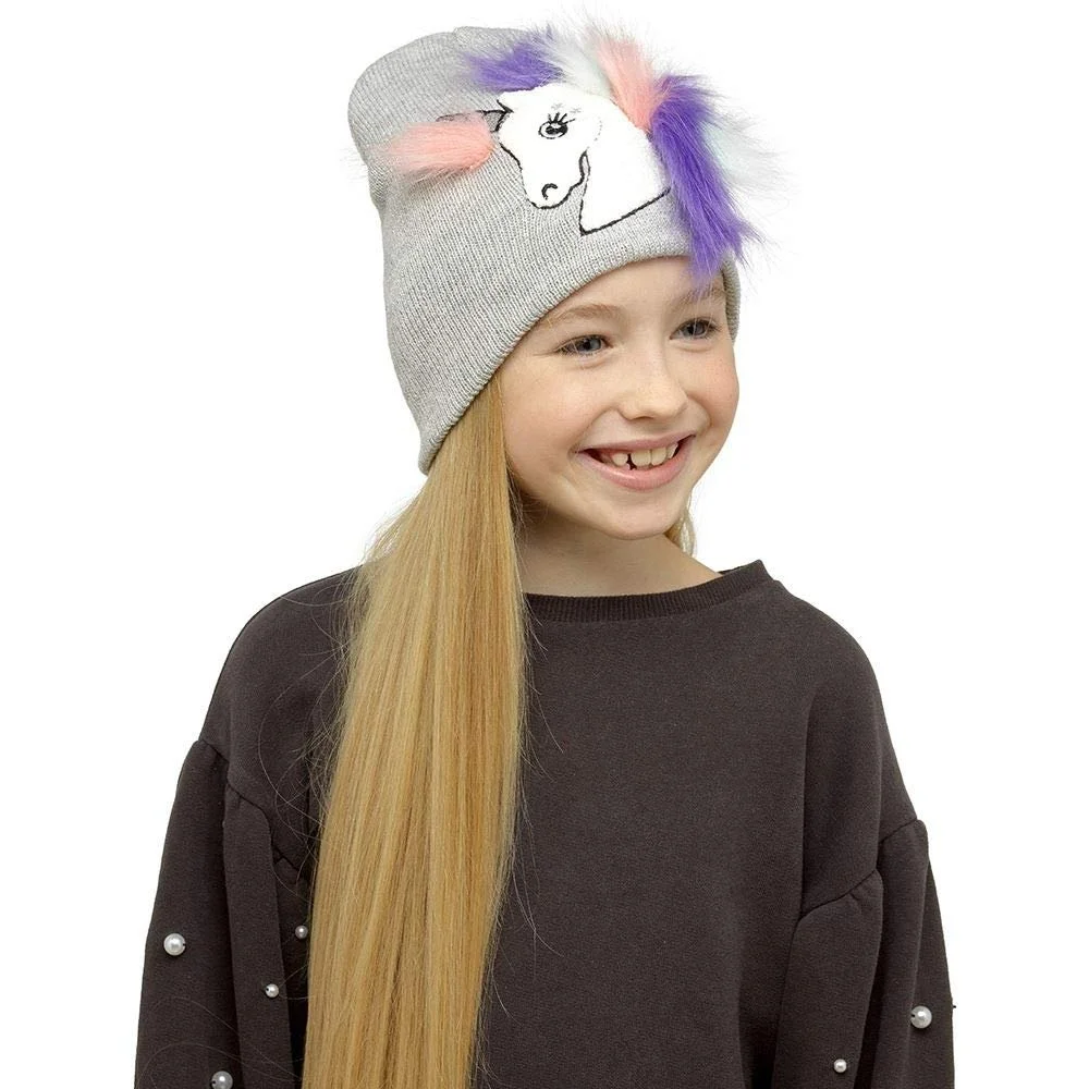 Дитяча зимова в'язана шапка з єдинорогом та сердечками для дівчат, фото №1 Дитяча зимова в'язана шапка з єдинорогом та сердечками для дівчат, фото №1