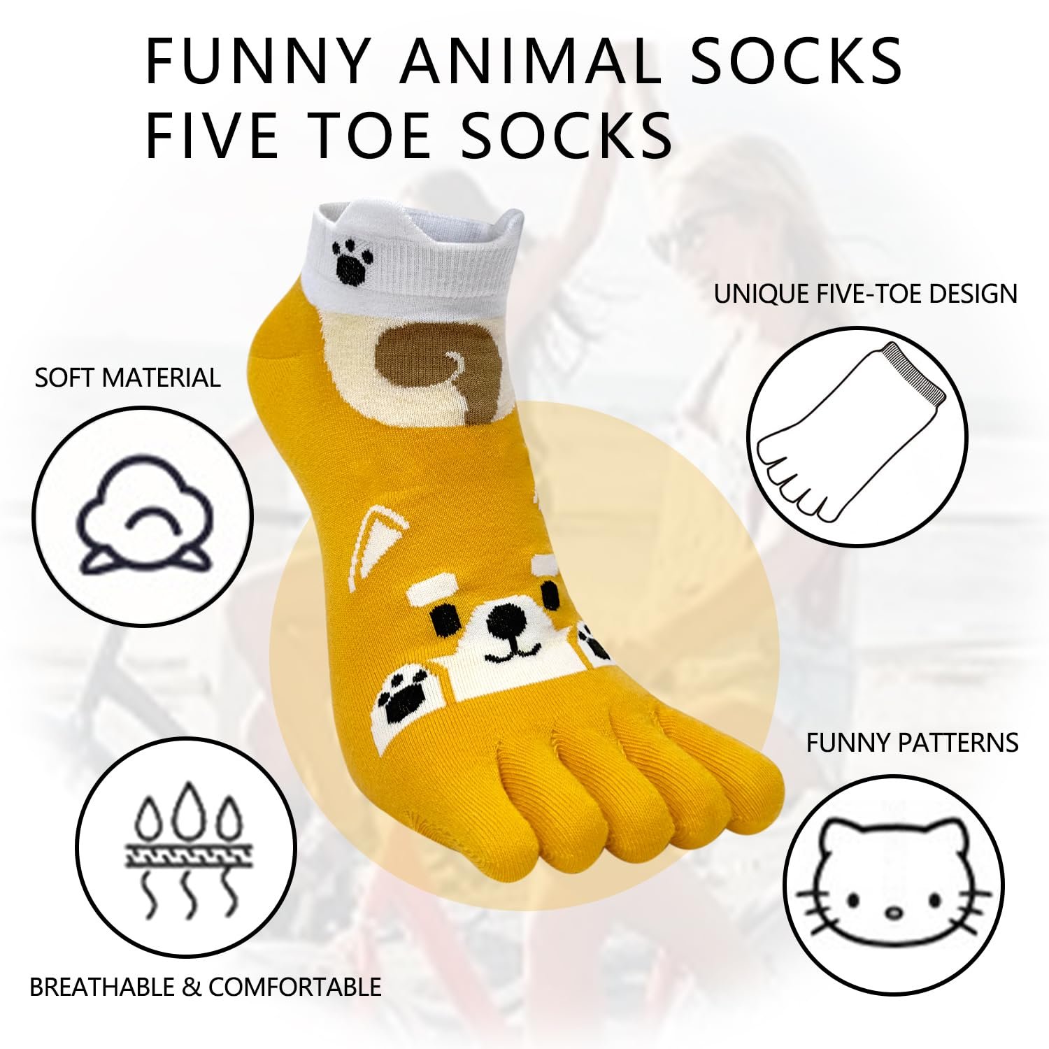 Женские носки с пальцами Хлопковые носки с пятью пальцами Короткие носки Носки-следки Милые красочные носки с рисунком животных и фруктов Носки для кроссовок Новинка Спортивные носки с пальцами Один размер: 35-40/5 пар, фото №2