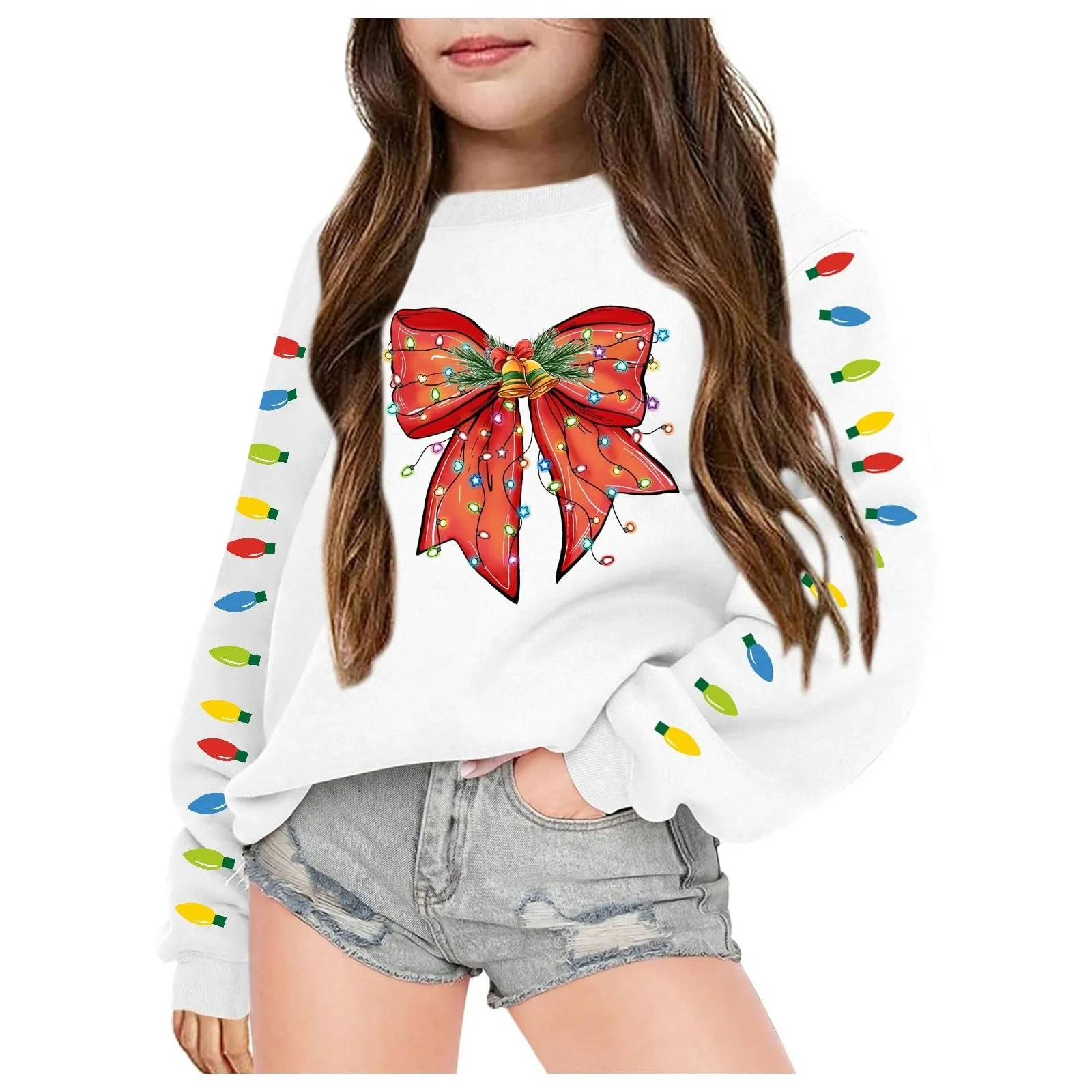 Толстовка для мальчиков 140 - Детский свитшот для девочек Рождественский бант Рождество Осень Оверсайз Толстовка Пуловер Модные свитшоты Праздничный Логотип Принт Одежда Топы Хип-Хоп Оверсайз Свитшоты, фото №1