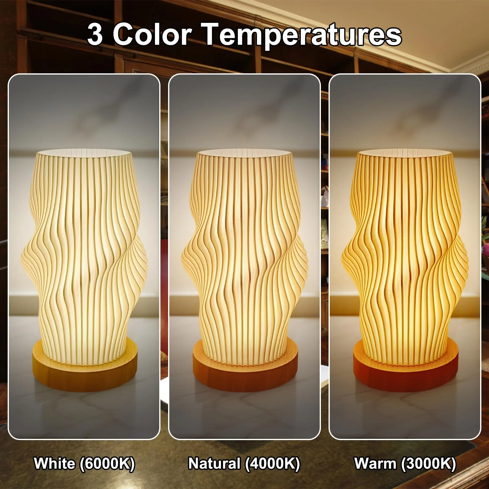 Настільна лампа з дерев'яною основою та плафоном PLA 3D-друк 10 рівнів яскравості USB, фото №2