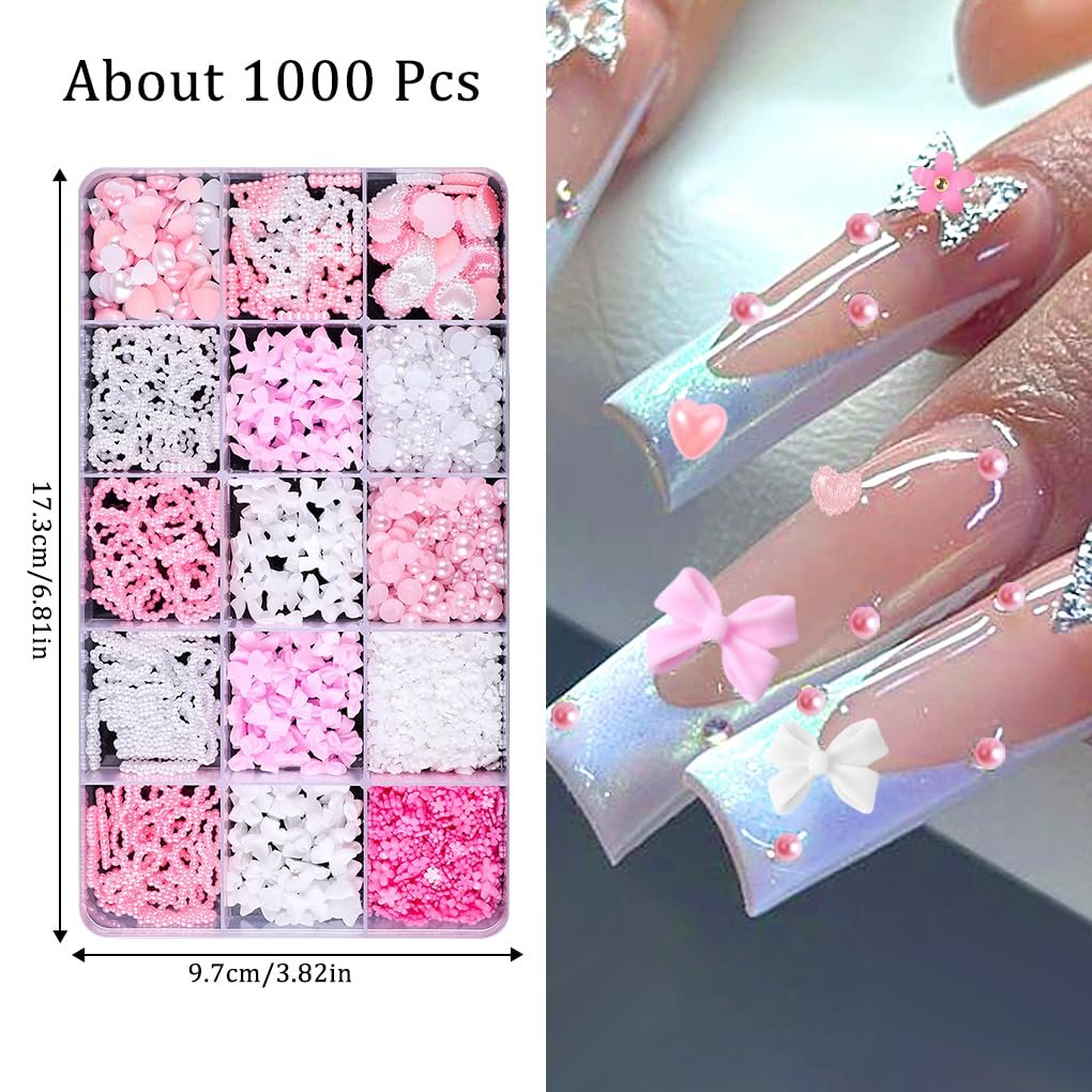 3D Украшения для ногтей FineInno Набор 1000 шт. Разные формы, украшения для ногтей, бантики-сердечки, цветы, стразы для женщин и девушек, аксессуары для ногтей, фото №4