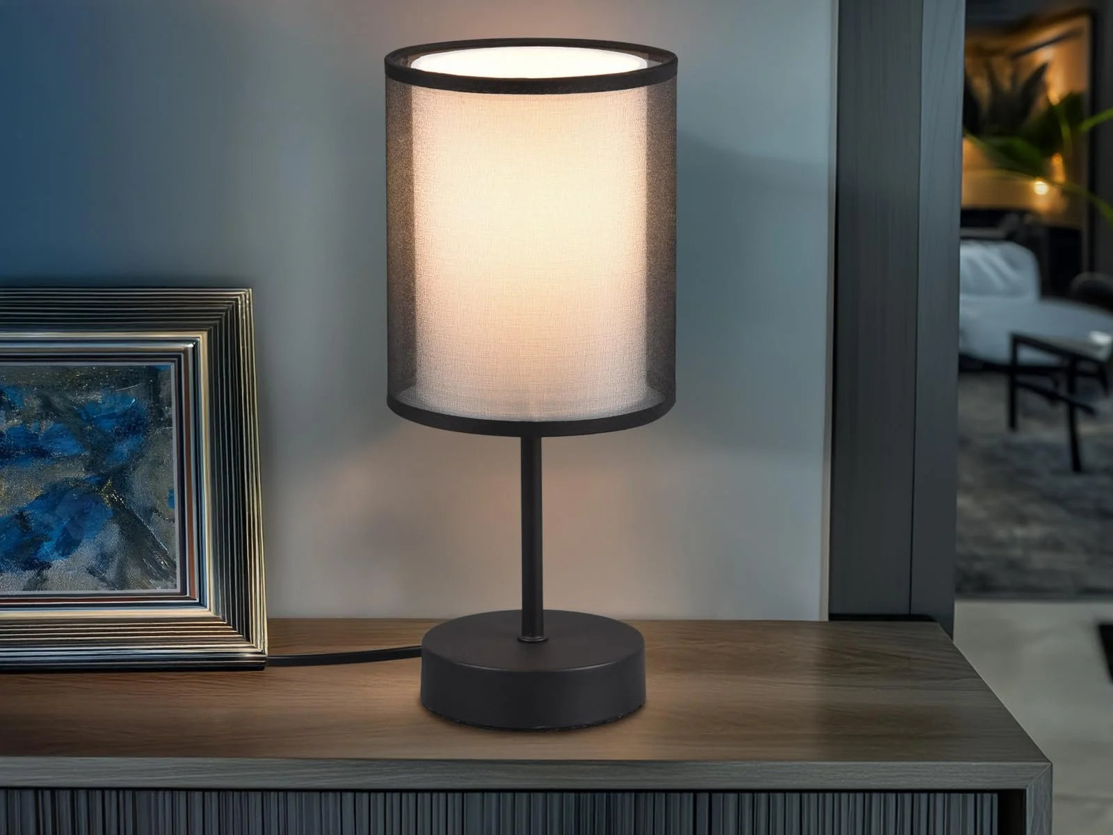 Світлодіодна настільна лампа з подвійним тканинним абажуром 28 см Чорно-біла, фото №5