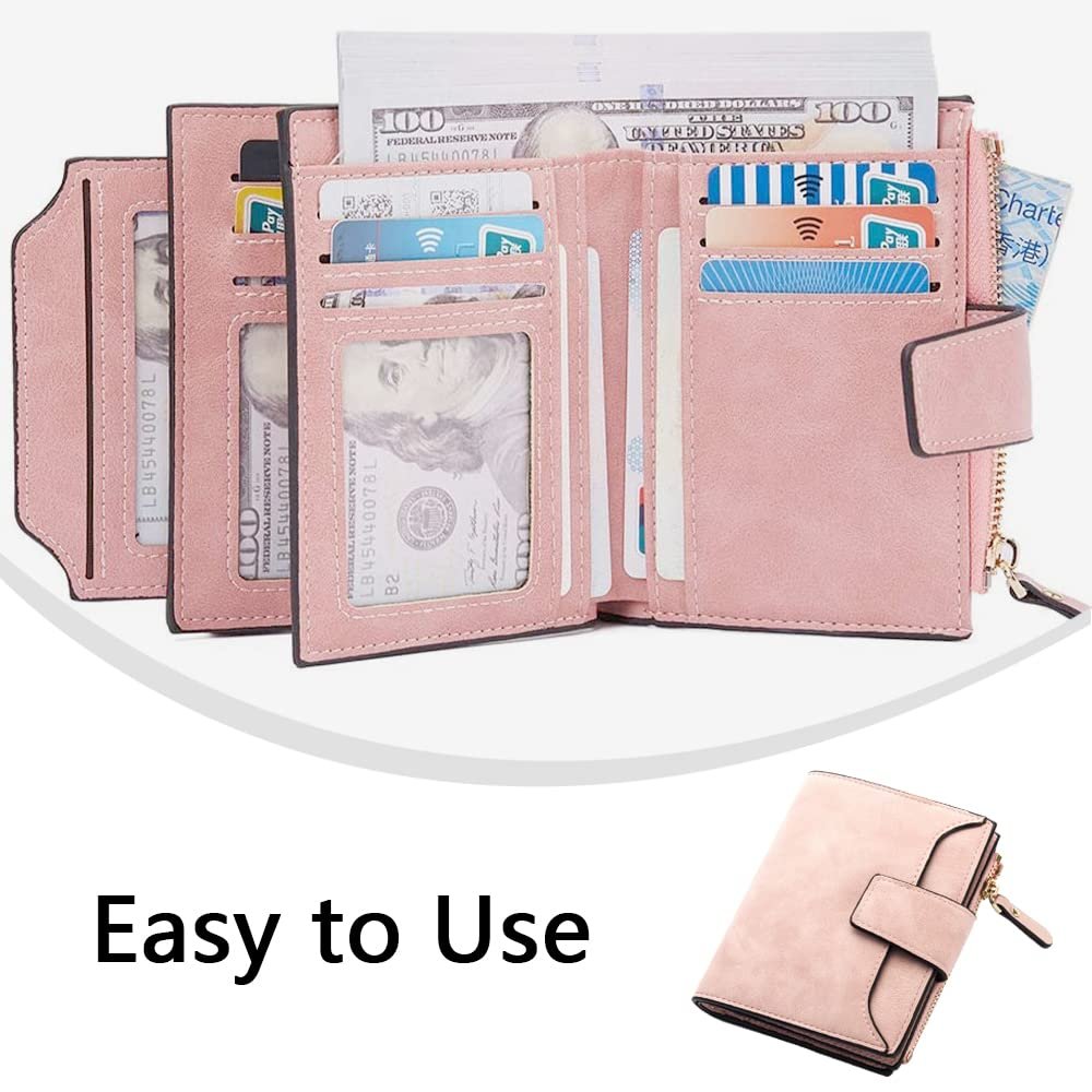 Кошелек Женский кожаный Xeingyee Bifold с RFID защитой для монет, ID карт, банкнот, дебетовых и проездных карт Розовый, фото №6