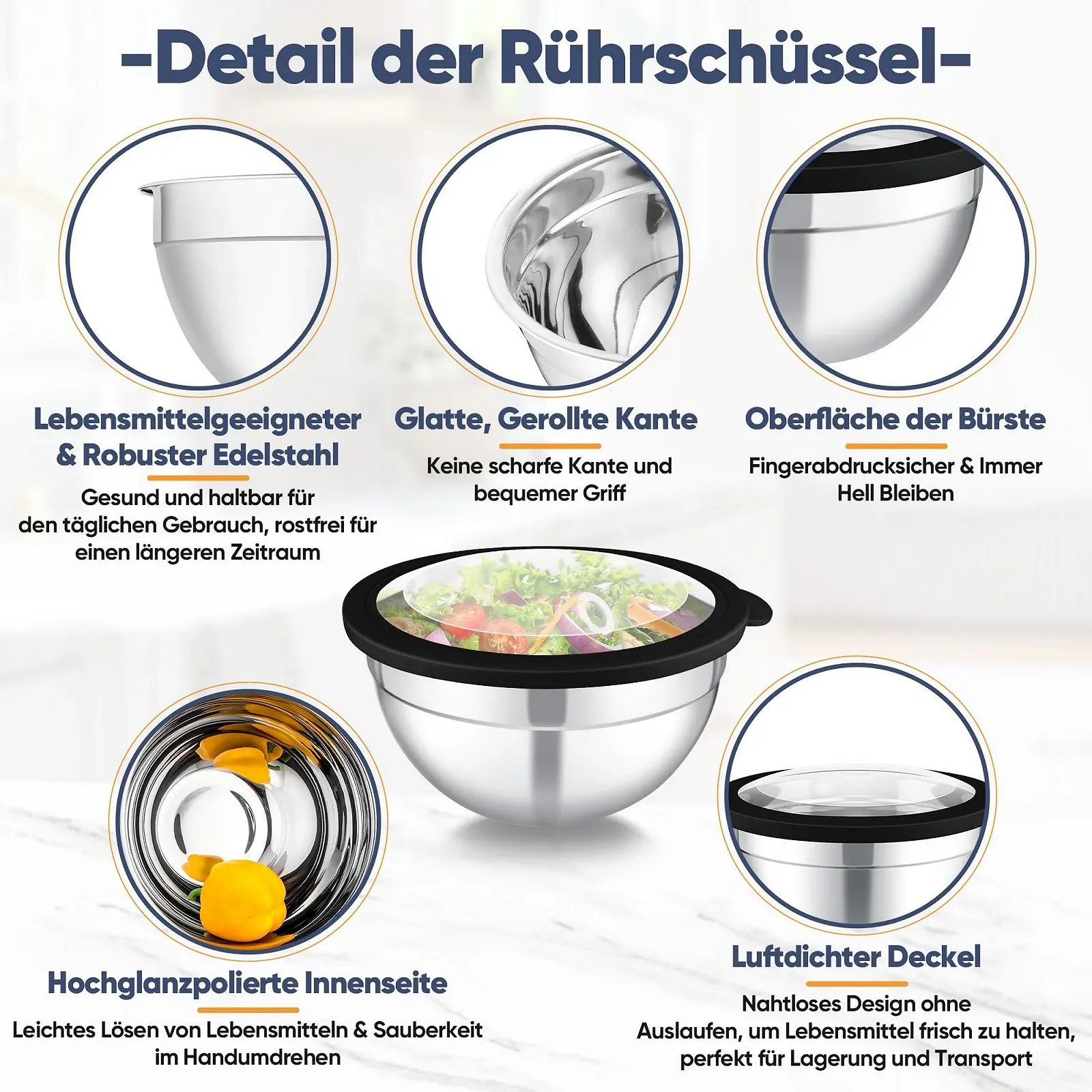 Набор мисок для смешивания Homikit 6 предметов 4.5 л 2.8 л 2.5 л 1.6 л 1.2 л 0.7 л Stainless Steel Black, фото №4