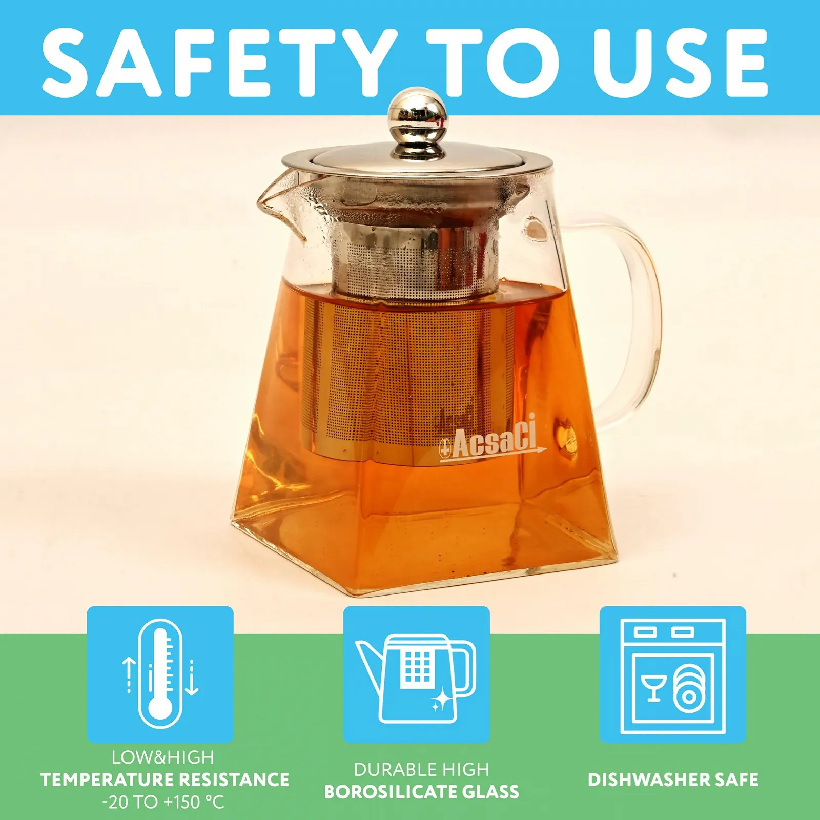 Чайник-заварник AddAcsaCi Premium стеклянный 500 мл Квадратная форма дна 304 нержавеющая сталь пищевая, фото №5