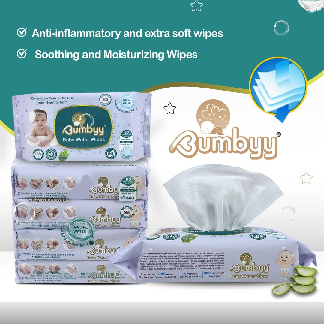 Вологі серветки Bumbyy Baby Water 240 штук (4 упаковки) з 99,9% вмістом води, без запаху, з екстрактом алое вера та ромашки, 100% на рослинній основі, без спирту, фото №6