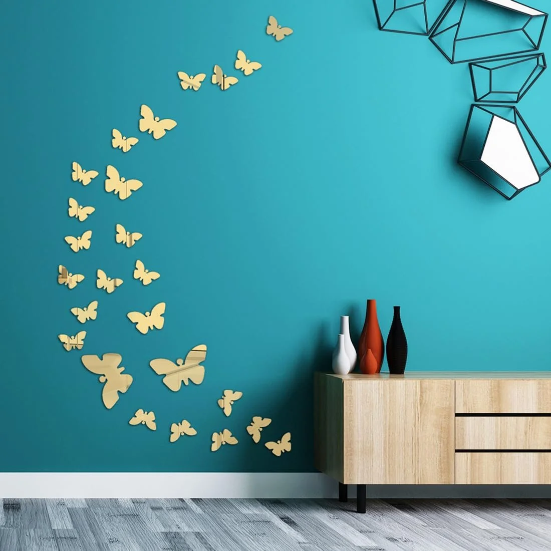Наклейки на стіну 25 шт. Акрилові метелики Дзеркальний ефект Золоті, фото №4