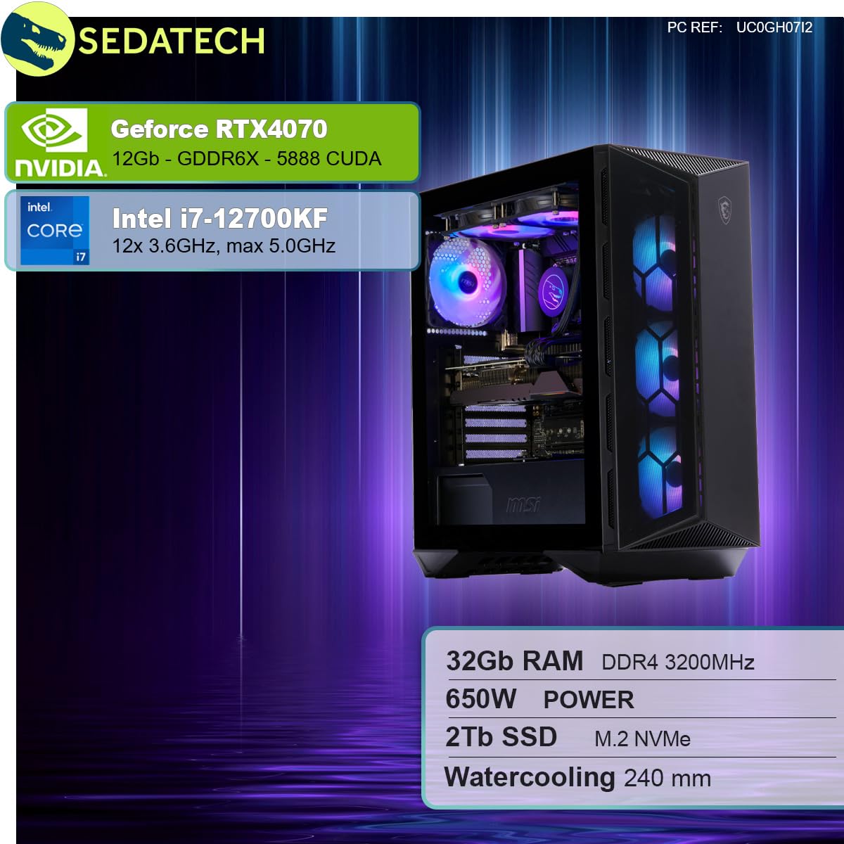 ПК Sedatech Advanced Gaming Водяне охолодження Intel i7-12700KF RTX4070 32GB RAM 2TB SSD M.2 Без ОС, фото №2
