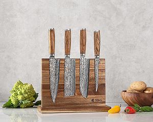 Набір кухонних ножів Дамаск Wakoli Chef's Choice I 5 од. з магнітним блоком, леза 15-20 см, сталь Дамаск, руків'я з дерева зебрано synthetic.ua - Фото 1