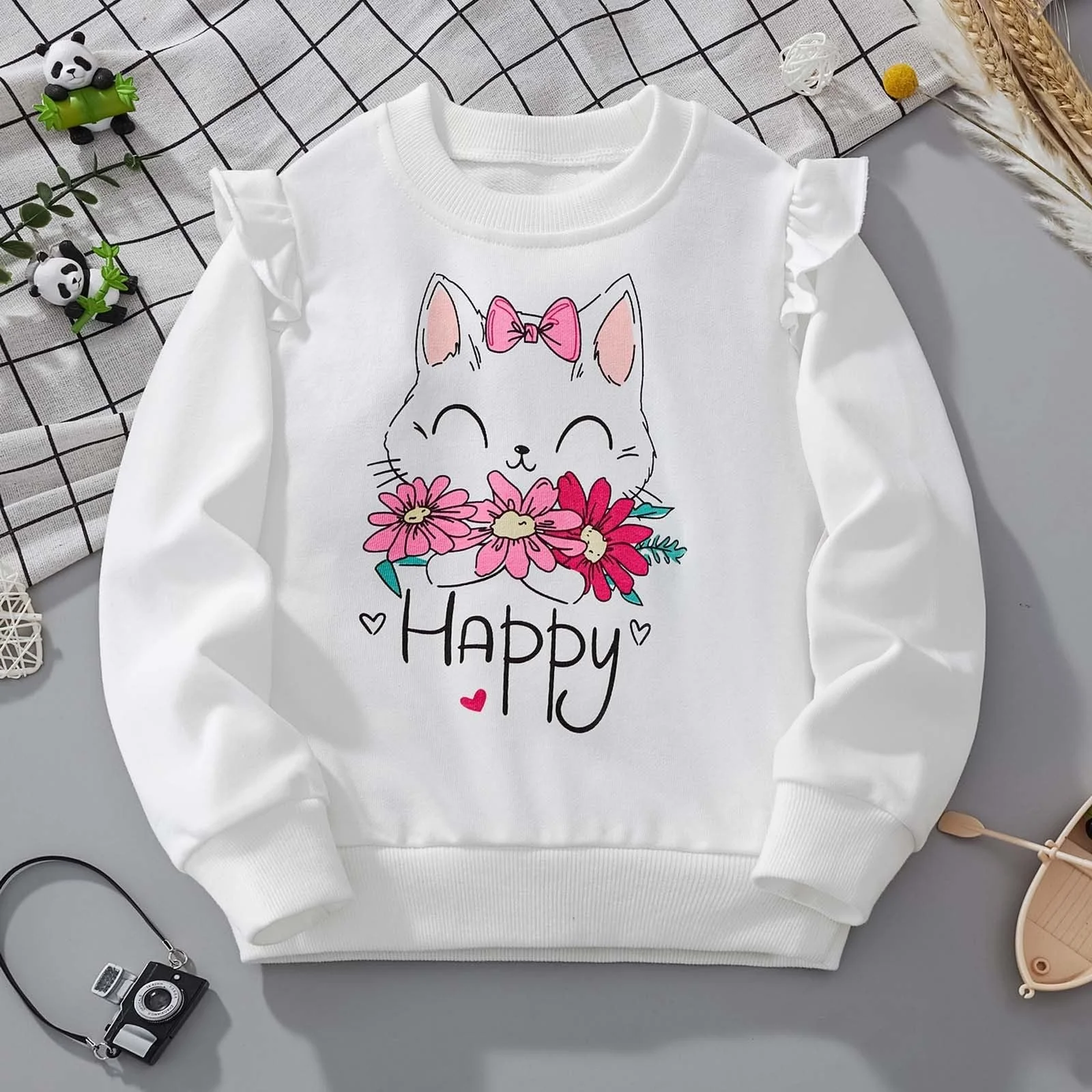 Дівчачий світшот Generisch з круглим вирізом, принтом котів, довгими рукавами, бавовняний, фото №5