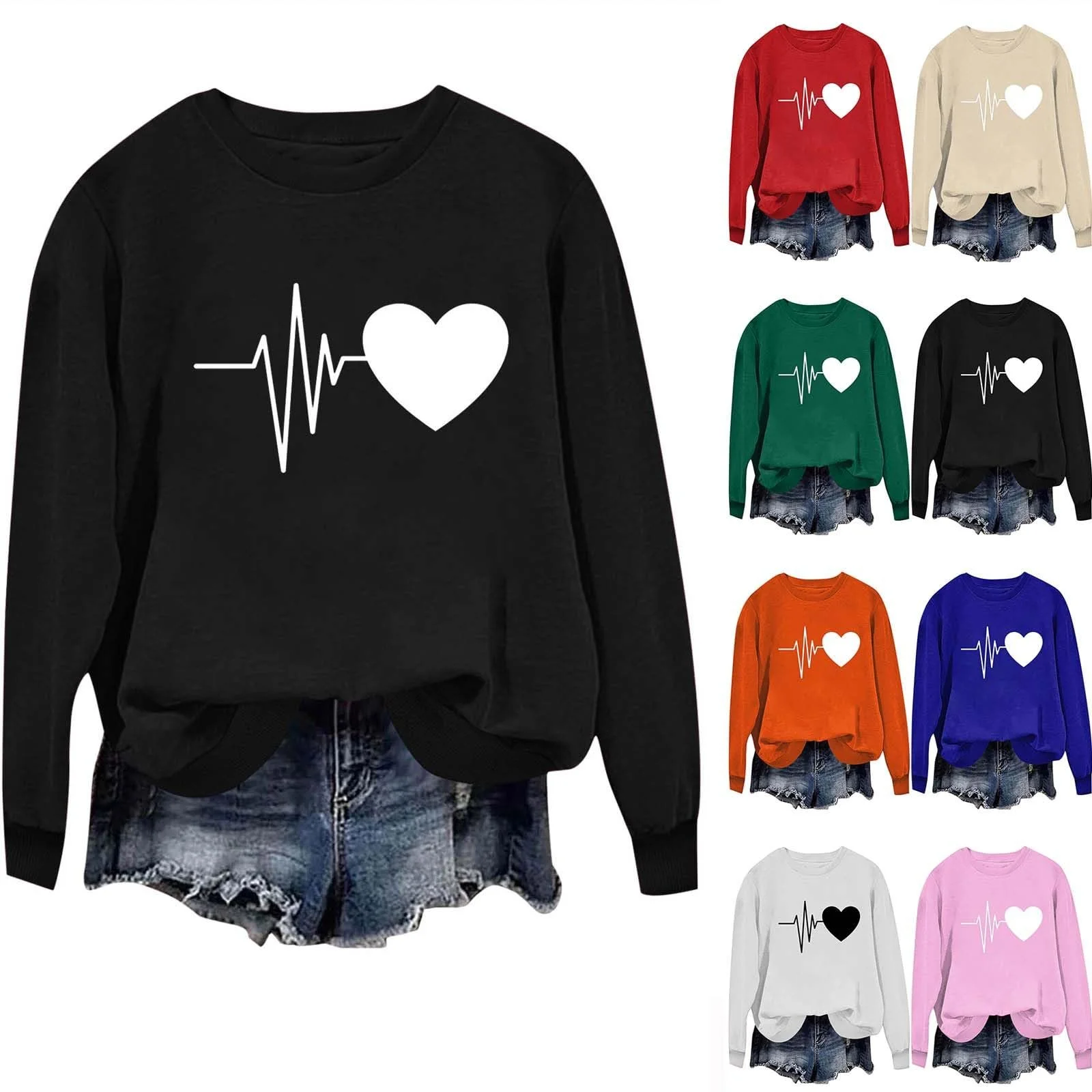 Женский Свитшот NZYIHAO Электрокардиограмма Графический Принт Пуловер Круглый вырез Длинный рукав, фото №2